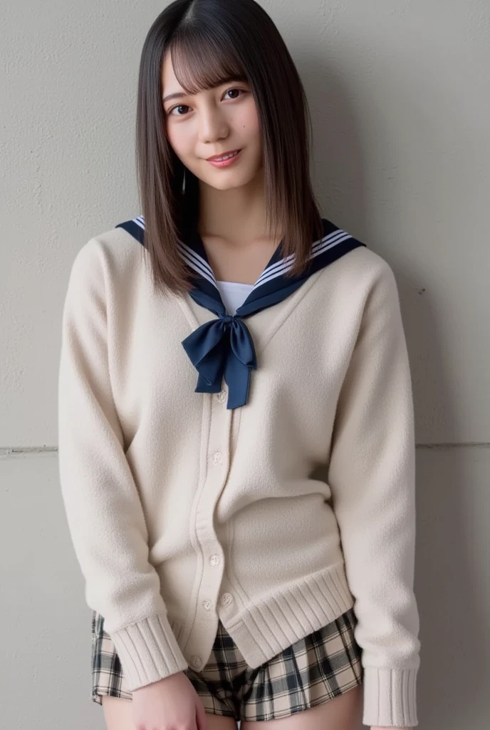 （masterpiece、Highest quality、Very detailed)、Hair color is deep dark brown、Soft Waves、
（Skin is smooth、Lightly reflects light、Healthy shine）、（The eyes are almond-shaped、eyes dark brown）、Long eyelashes、Flexible curls、Each one is clearly visible、Thin eyeliner、Natural eyelash shadow）、（Natural pink cheeks）、（Thick lips、smile）（Japanese  in uniform、A white shirt with a distinctive sailor collar、Navy blue scarf）、（Summer clothes）、（Navy blue pleated mini skirt、inseam length）、（Beach、Pay attention to her whole body and facial expression）、（((Eye highlights and skin detail、Realistic details))）