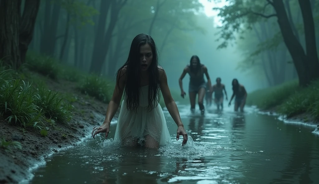 Picture a horrifying and realistic scene as zombie women emerge eerily from a dark and chilling river. The atmosphere is steeped in horror and creepiness, with the undead figures rising from the water with a nightmarish allure. The realistic rendering captures the unsettling details of their decaying features, invoking a spine-chilling sense of dread.
The scene is dimly lit, shadows dancing on the twisted forms of the zombie women as they ascend from the murky depths. Their hair hangs wet and matted, adding to the overall eerie ambiance. The water drips from their lifeless limbs, and their vacant eyes contribute to the unsettling realism.
This professionally envisioned and spine-tingling portrayal encapsulates the horror genre, delivering a nightmarish image of zombie women emerging from a chilling river, ready to haunt the imagination with their ghastly presence.