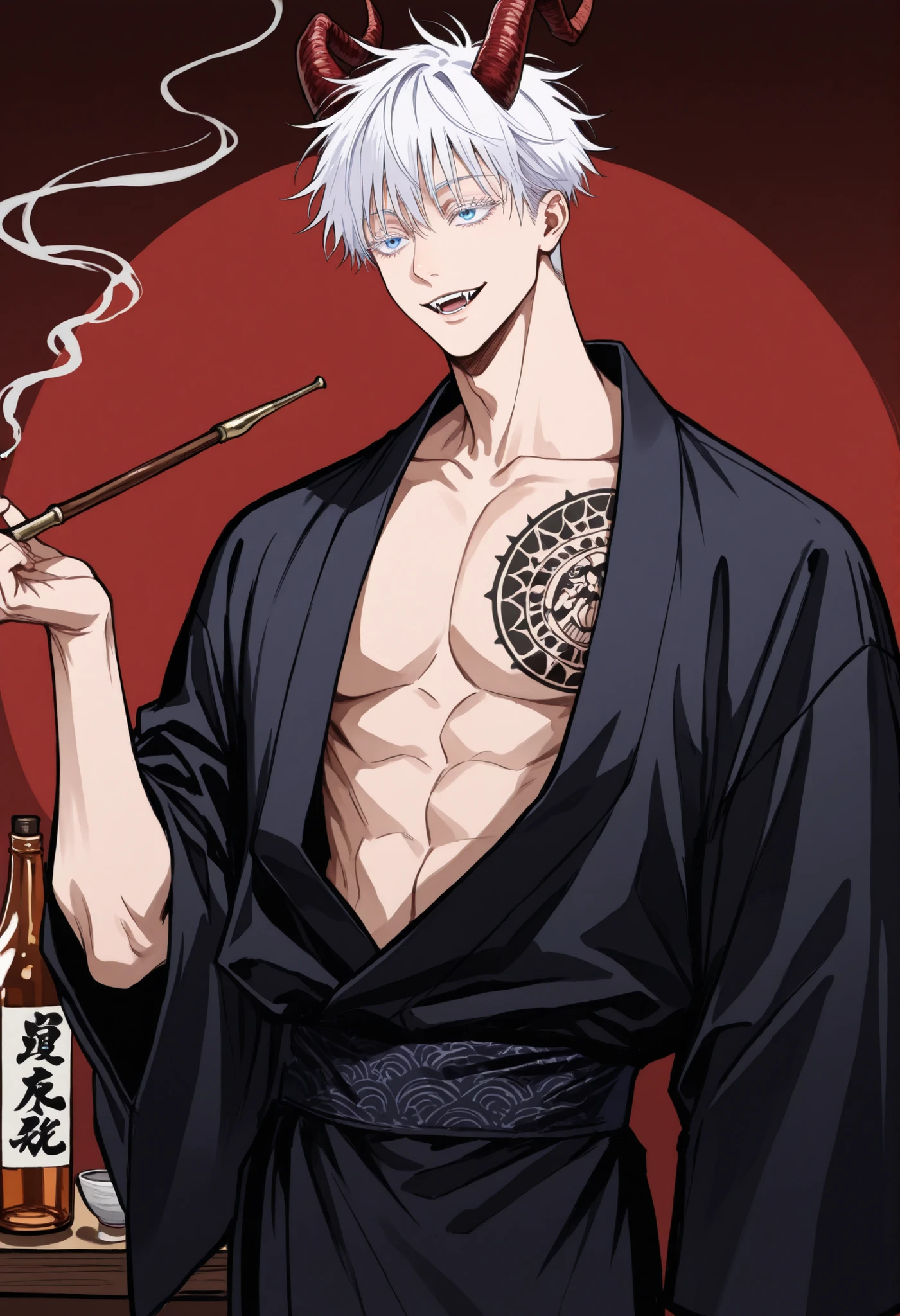 sketch style, somewhat realistic appearance, drawn on style, sketched style, visible shading strokes, semi-realistic features, detailed shading, painting shading, 1man, gojou satoru /(jujustu kaisen/), detailed eyes, blue eyes, white hair, short hair, detailed eyelashes, colored eyelashes, sexy man, trained body, muscular, handsome, cool, mature man, male focus, demon horns, Red and black kimono, smoking pipe, liquor bottle, smiling, fangs are visible, long hair, Sake cup, Bewitching, tattoo, beautiful, cowboy shot