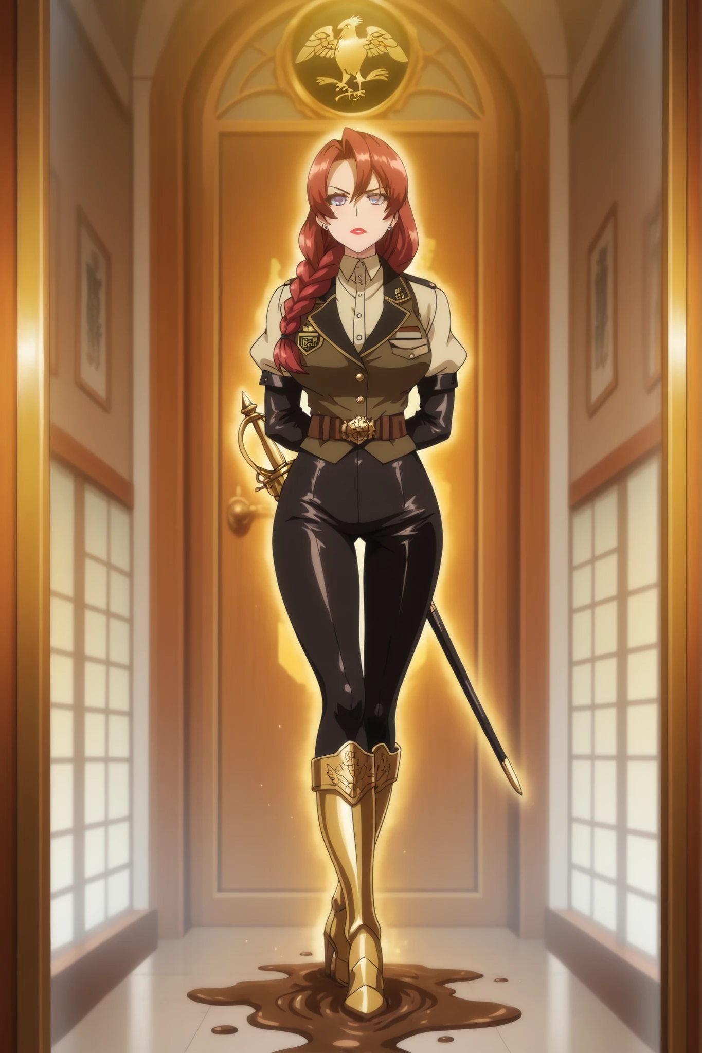 (masterpiece) (best quality) (ultra-detailed) (8k portrait),
(1woman) (anachronistic noble officer) (time-displaced warrior),
(auburn hair) (single thick braid) (over shoulder),
(porcelain skin) (sharp aristocratic features),
(ruby red lips) (steel-blue eyes) (piercing gaze),
(18th century military vest) (bottle green wool),
(mustard yellow shirt) (oversized brass buttons),
(ornate gold emblem) (eagle insignia) ('SECUNDUS' engraving),
(leather crossbelt) (black leather gloves),
(ceremonial rapier) (ruby-encrusted hilt),
(steel scabbard) (dangling from hip),
(knee-high cavalry boots) (polished leather),
(mud-spattered heels) (authoritative stride),
(modern magic hospital) (fluorescent lighting),
(time rift glow) (sliding glass doors),
(medical holograms) (contrasting with historical figure),
(hands clasped behind back) (commanding posture),
(stepping forward confidently) (door closing behind),
(anachronistic atmosphere) (time traveler aesthetic)
