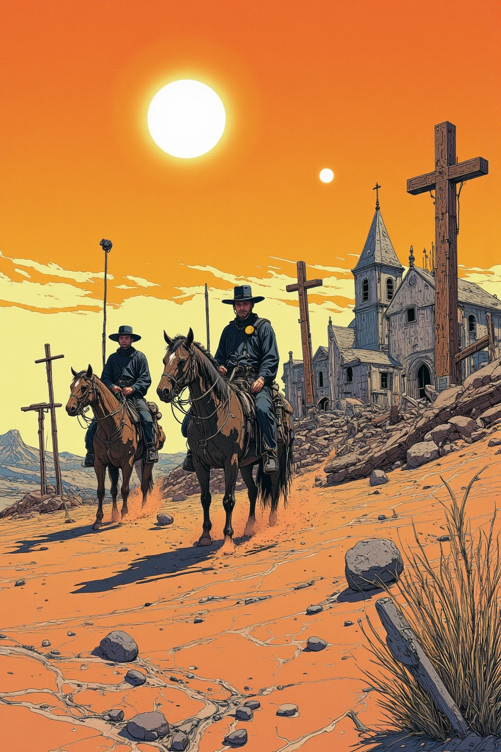 A surreal, poetic desert landscape with a black-clad gunslinger (El Topo) and his young son on horseback under a harsh sun. Symbolic religious motifs like crosses and ruined churches in the background. The scene is mystical, with a sense of violence and melancholy, inspired by Alejandro Jodorowsky’s El Topo.