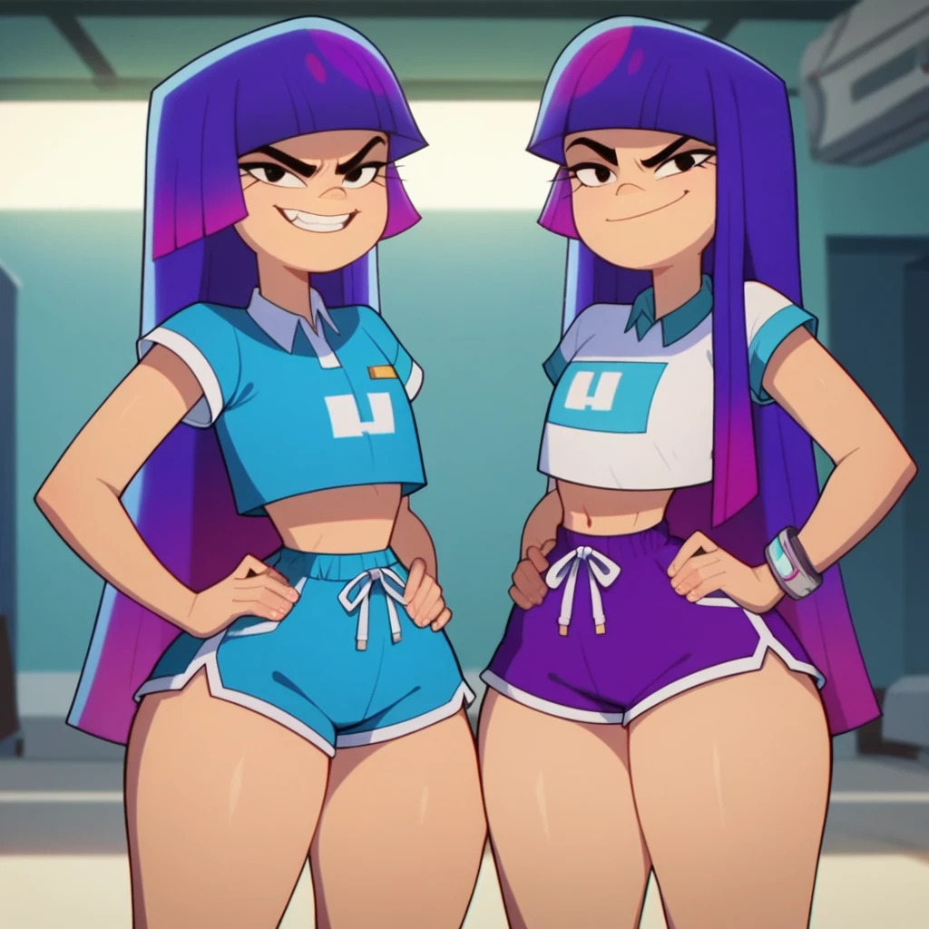 miko kubota from glitch techs, long hair, blunt bangs, (blue hair with pink highlights), ((, curvy, voluptuous, thick legs, thick thighs, wide hips, small breasts,)),((leotard, yoga pants, loose socks, sneakers, wristbands, cameltoe)), standing, hands on hips