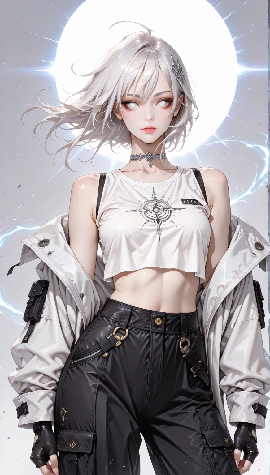 (Best Quality, 8K, 32K, masutepiece:1.3), Ultra-detailed, (Photorealistic:1.4), white colors, albino, punk Girl, Detailed eyes, Upper body, Luxurious punk hair, open coat, Edgy punk fashion, Avant-garde makeup, Numerous piercings, Heavily tattooed body, night Street background, neon lights, car headlights, Backlight effect, Shallow depth of field, Blurry background, low key lighting, blue glow, desaturated, black and white and blue