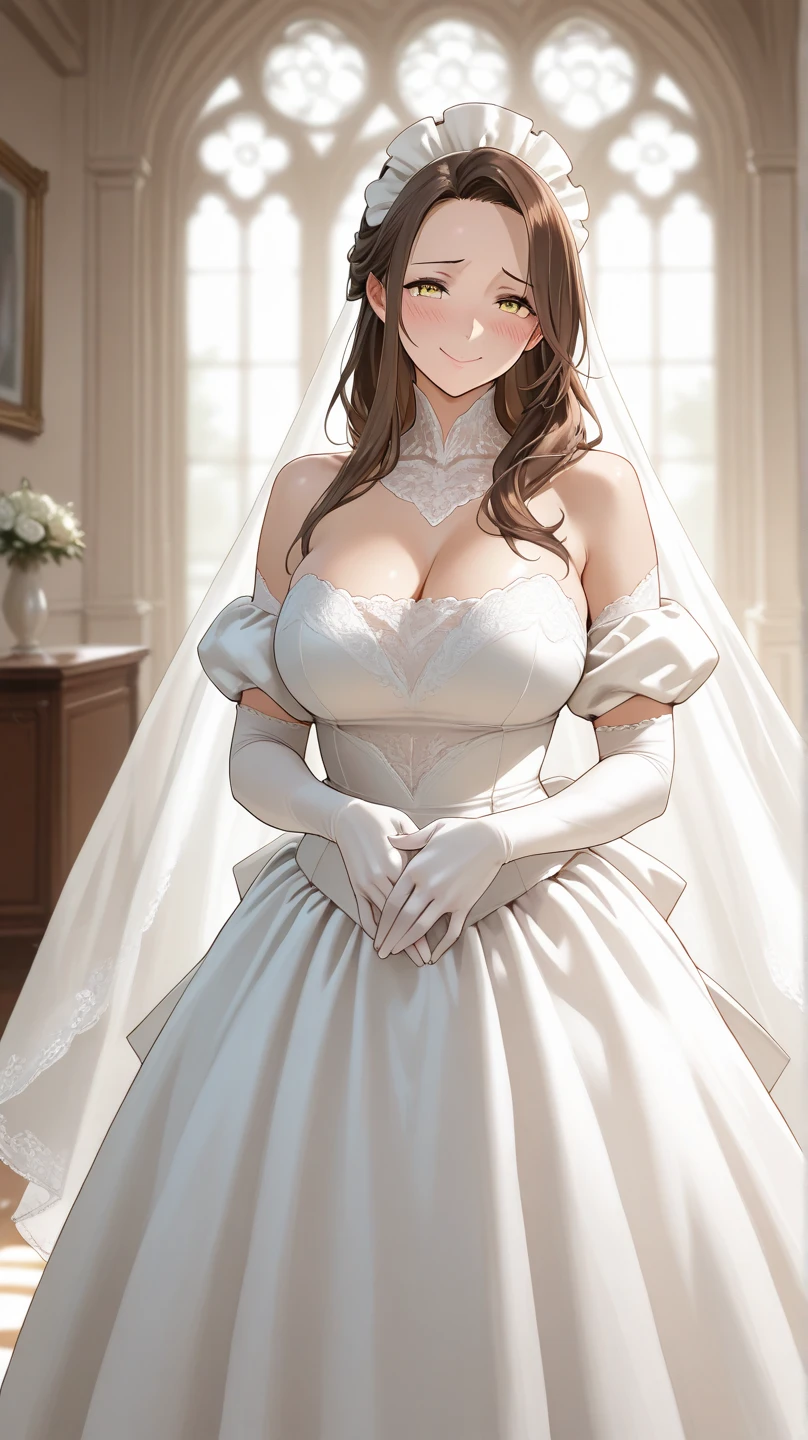 Girl with huge breasts wearing a wedding dress with a huge lace neckline and a wedding veil with a bouquet
