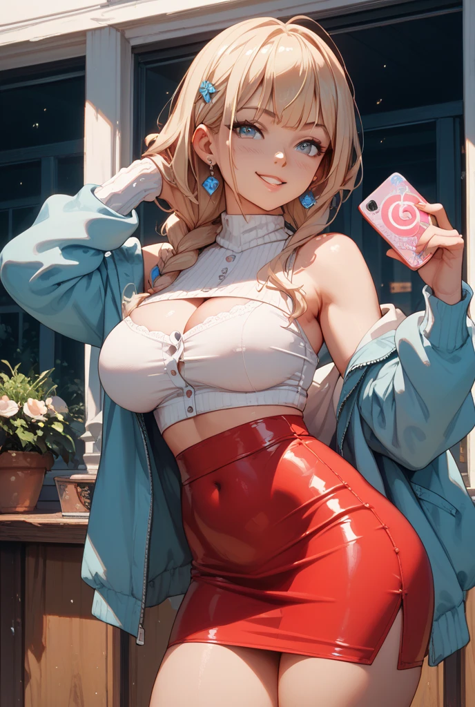 1girl, Blue eyes, (smile), (Sana Minatozaki), wide hips, Big , big ass, (Best Quality, 8k, Masterpiece: 1.3), perfect hands, Clear Focus: 1.2, Perfect Body Beauty: 1.4 , Slender Abs: 1.2, Highly detailed face and skin texture, tan skin, detailed eyes, double eyelids, (bleached blonde long hair in side braids), (orange cropped sweater), (underboob), massive breasts (red miniskirt), (thick black rimmed glasses), (thigh high socks), (standing), dynamic pose, full body, tall platform pumps, lace choker, belly button piercing, naval piercing, huge plump lips, shiny lips, pink lip gloss, heavy makeup, bimbo aesthetic, super fit, thicc, huge hoop earrings, massive sagging breasts, very saggy breasts,