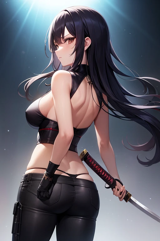 Pyscho Girl long black hair with pink bangs gothic eyes knife blood