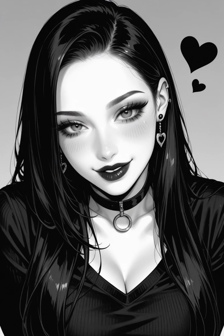 Japanese girl, glamorous and feminine gothic, lined eyes, defined eyebrows, seductive thick lips, 90s style, wears skull-shaped accessories , black and white scene, very slanted eyes, his expression is serious, seductive, Look sideways, he wears totally black,