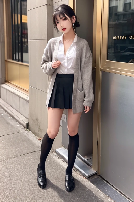 One girl,face,bangs,(Highest quality, masterpiece), Shiny body,  Shiny skin,One girl, mobile phone, skirt,   (wearing pantyhose and black loose socks), Beige Parka, white short pleated skirt, Crossbody Bags, (Clothing store:1.3), From below, loose socks, A pile of socks, Leg spread, Spread your legs,Raise your knees,Sitting,
 Yutori