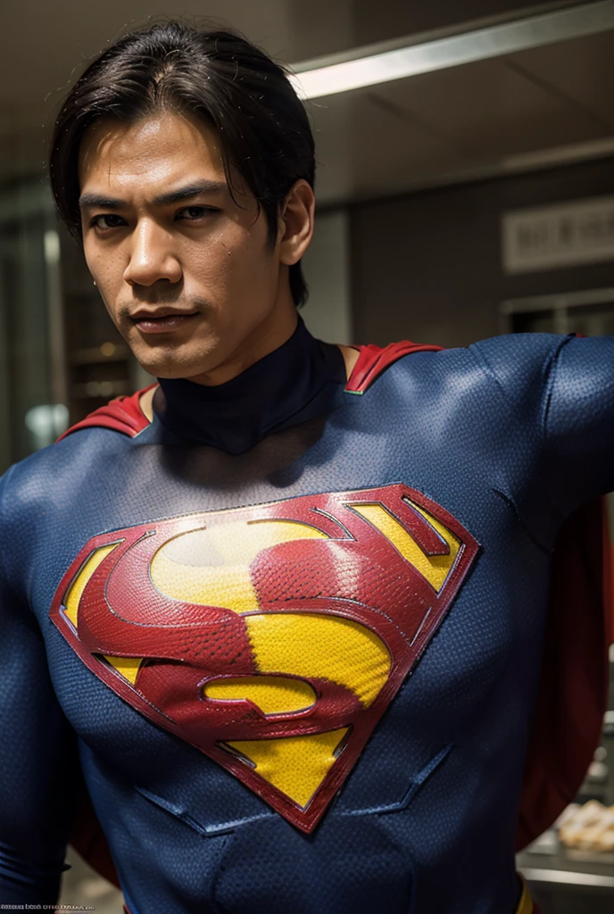Asia handsome man  with classic superman suit weaken by kryptonite and feel pain