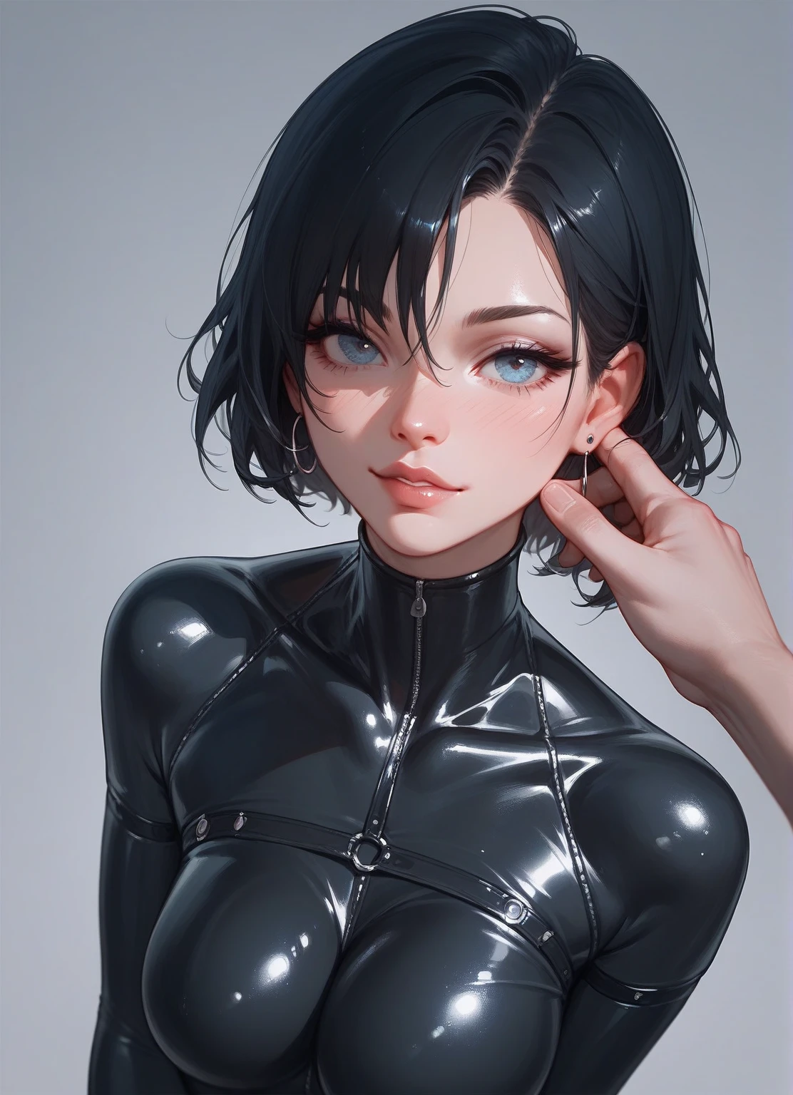 (high resolution, upper body, soft skin:1.2),(best illustration,masterpiece:1.2),ultra-detailed,[(cat ears , black inside:1.2, black hair, cat eyes),vivid colors,sharp focus,portrait,studio lighting,bokeh, wearing a zebra pattern latex jumpsuit, spotlight on her, all fours 