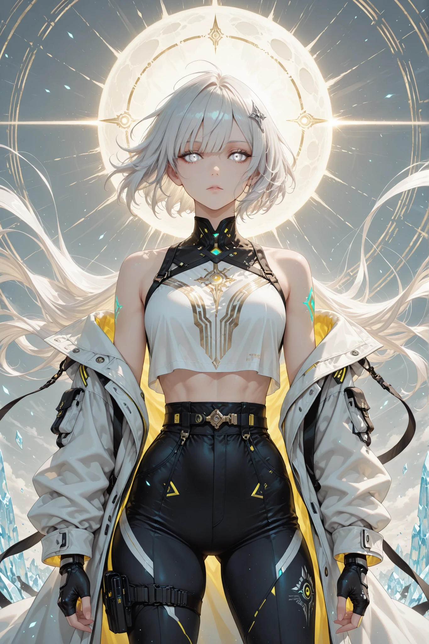 ((masterpiece, best quality, anime style, ultra-detailed)), (1girl, solo), (young female, age 18–20, athletic lean build, glowing white eyes:1.6, emotionless ice-cold expression, divine intensity, fair skin), (short messy white hair:1.5, wind-blown, radiant pressure whipping it slightly), (white and silver futuristic streetwear:1.4, loose combat coat, fitted minimal shirt, slim tactical pants, fingerless gloves, divine simplicity), (half-body front view, face and shoulders clearly visible, standing tall, eyes staring directly at viewer), (massive white sun flare behind her head:1.6, perfect circular bloom of divine light, static and overwhelming), (background: empty radiant battlefield or system sky temple, soft glyphs suspended in light mist), (color palette: pure white, silver, soft gray only), (vibe: divine apocalypse, calm annihilation, the white sun given flesh)