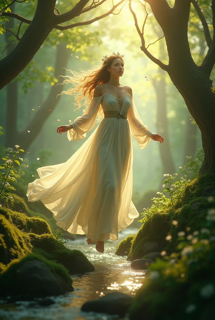 model photoshoot of female elf joyful in the woods, short elf ears, realistic, Nikon D850, shot in 8-bit color depth, using a combination of strobes and natural light for maximum realism