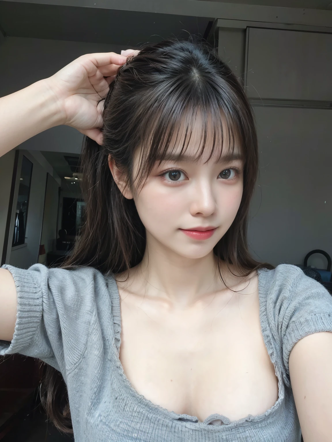 ((masterpiece、best quality))、shape、super detailed、8k、actual、sharp focus、Very detailed、professional lighting、spotlight、Colorful details、Detailed texture，A stunningly beautiful girl，Wearing a transparent tank top，(most suitable hairstyle:1.4)、(in the most helpful way:1.3)、(Half-length photo:1.4)、big breasts、perfect style、Body、18 years old、Smile、showing armpit