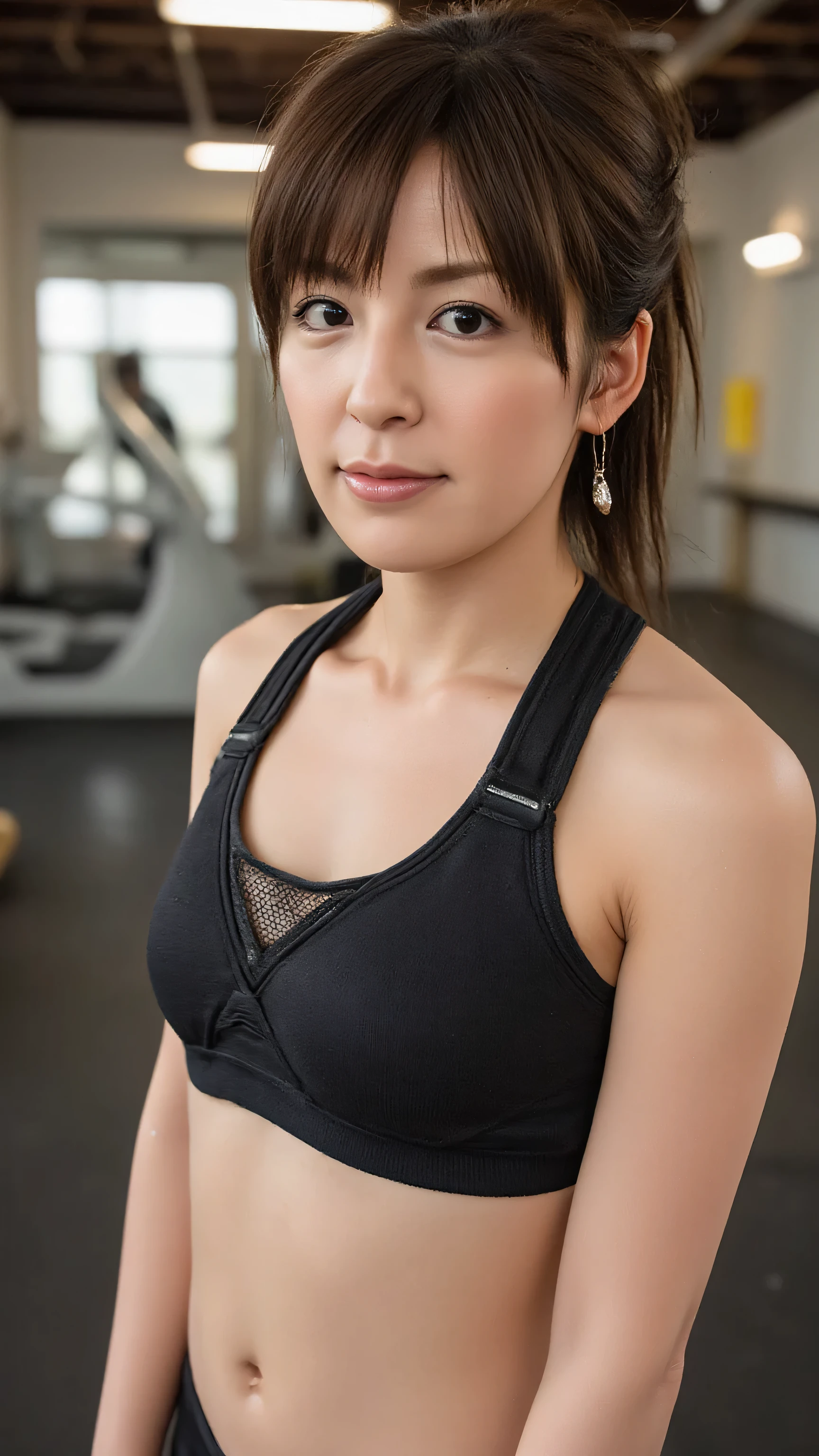 4K, masterpiece, best quality, Ultra Details, (super realistic:1.3), (Beautiful photos:1.2), (ultra high resolution:1.3), ( Soft Lighting :1.2), ( perfect image color ), (bright lighting:1.2), Japanese, Beautiful Faces, 28 years old, ( SLIM BODY), Chest forward, smooth skin, A faint smile, Gym background , a lot of people々, (girl wearing a simple sports tank top, long sports leggings ), view full body photo , ( F Cup Big Breasts), Random Pause, (( hair ponytail and bang , ash brown hair color)), The centerpiece wearing contact lenses, Eyes pop out, ((sweaty body,)), (( detailed sweat realistic :1.3)), ((wet body:1.5)), Naughty Poses