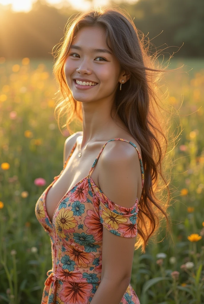 ((Masterpiece)), 8k, highest quality, 1 girl, solo, realistic, photorealistic, super detailed, detailed background, (Solo: 1.4), wearing a dress, happy expression, slender body, details half hair, intricate details, masterpiece, top quality, waist shot, ((flower field background)), smile, ((looking at camera)), asymmetrical bangs, natural breasts,