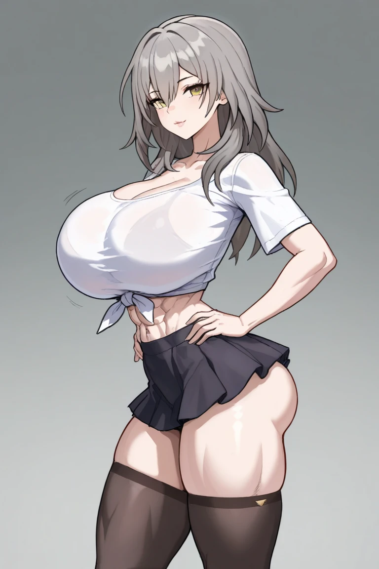 gyaru , tied blouse ,open blouse , cleavage , wearing school girl, upper cleavage, side-tie peek, white hair, belt, {{{gigantic breasts}}}, {{giggling}}, smirk, Provocative