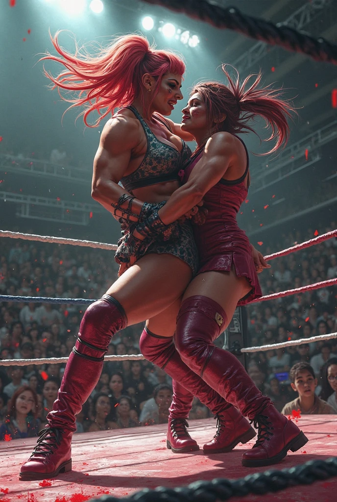 2 women wrestling each other in a wrestling ring, 1 woman Neon Vixen * Appearance: All-pink attire, straight, shoulder legnth, pink hair, big breasts, sleek and sophisticated appearance. * Character: Confident, ambitious, and a skilled businesswoman. * Abilities: Enhanced strength and agility. Can emit neon energy blasts. 1 woman The Quantum Queen * Appearance: Iridescent hair that changes color, futuristic bodysuit, holographic mask. * Character: Mysterious, enigmatic, and incredibly powerful. * Abilities: Can manipulate quantum energy, control elements, and manipulate time.