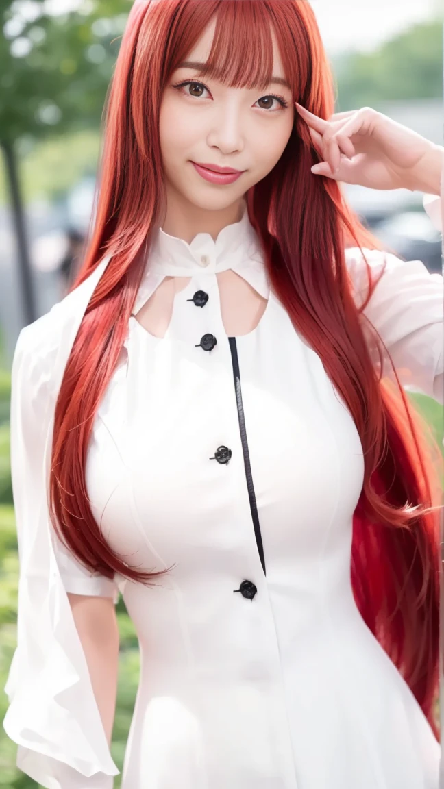 Huge longest red hair and biggest breasts, perfect face, wearing a black  business suit  with  shirts white 