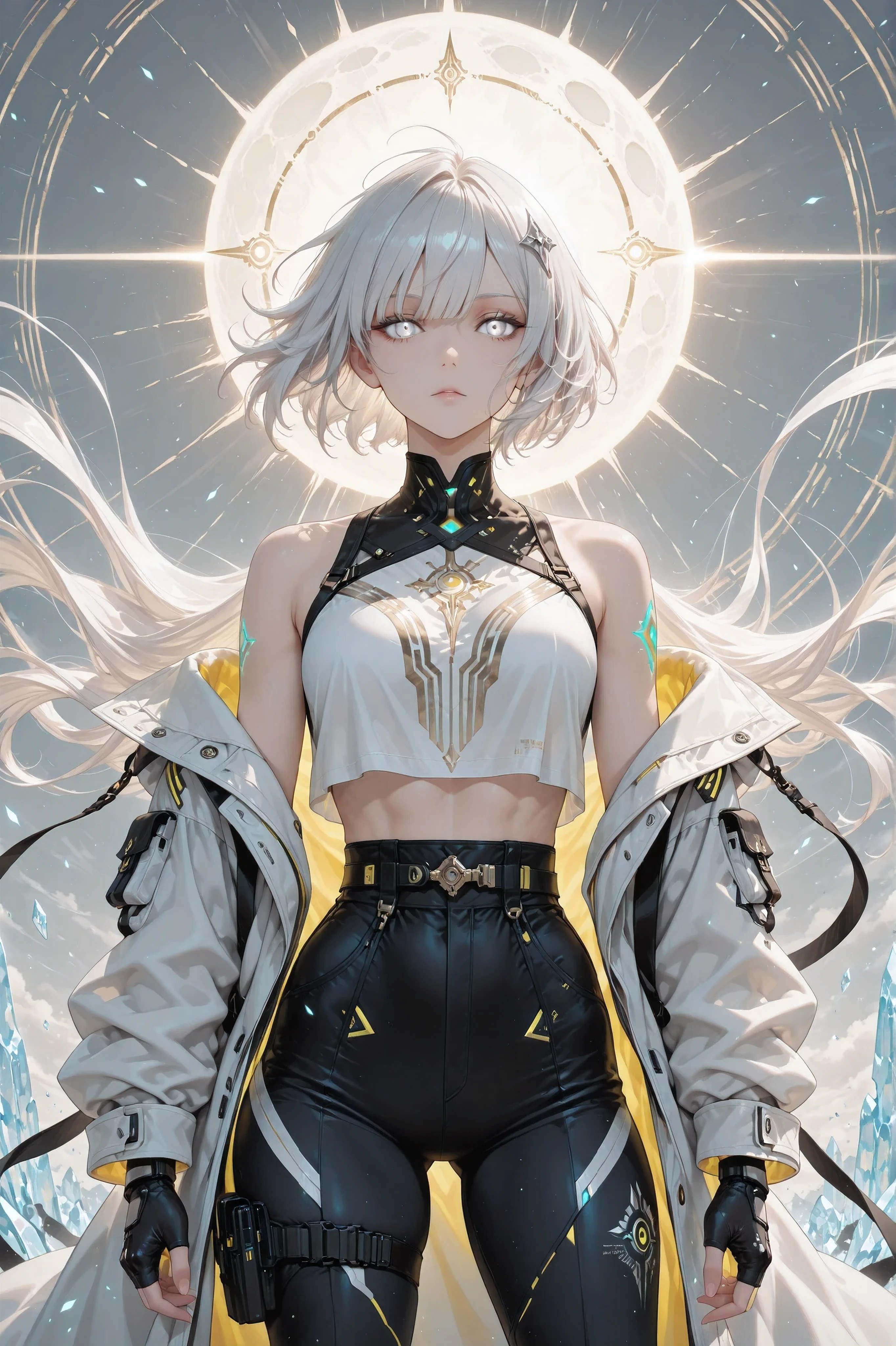 ((masterpiece, best quality, anime style, ultra-detailed)), (1girl, solo), (young female, age 18–20, athletic lean build, glowing white eyes:1.6, emotionless ice-cold expression, divine intensity, fair skin), (short messy white hair:1.5, wind-blown, radiant pressure whipping it slightly), (white and silver futuristic streetwear:1.4, loose combat coat, fitted minimal shirt, slim tactical pants, fingerless gloves, divine simplicity), (half-body front view, face and shoulders clearly visible, standing tall, eyes staring directly at viewer), (massive white sun flare behind her head:1.6, perfect circular bloom of divine light, static and overwhelming), (background: empty radiant battlefield or system sky temple, soft glyphs suspended in light mist), (color palette: pure white, silver, soft gray only), (vibe: divine apocalypse, calm annihilation, the white sun given flesh)