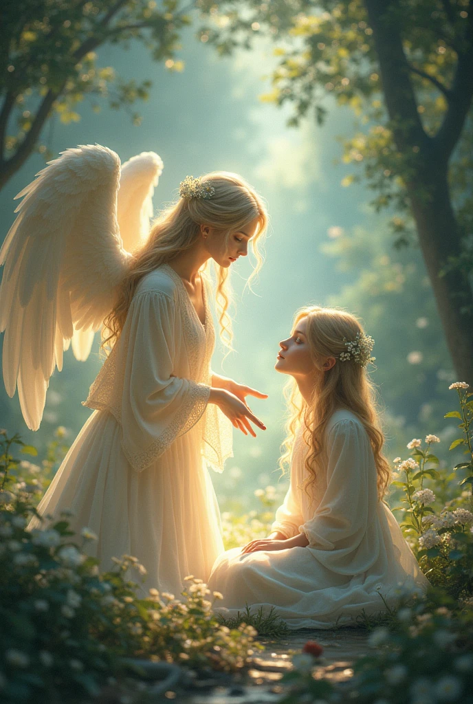 The angel hovered in the air, her ethereal figure radiating a soft, golden light. their hair, Long and silver, rippled like cascades of light, enquanto seus olhos, the color of celestial sapphires, sparkled with infinite wisdom and compassion.

the angel&#39;s wings, vast and majestic, were composed of snow-white feathers, each one sparkling with an iridescent shine. With each movement, the feathers seemed to turn into shooting stars, leaving a trail of light wherever they went.

Seu rosto, of a serene and perfect beauty, emanated an aura of peace and tranquility. Your lips, curved in a gentle smile, seemed to whisper words of comfort and hope.

The angel was dressed in a diaphanous robe, that flowed like water around him, reflecting the colors of the rainbow. In your hand, he held a white lily, symbol of purity and innocence.

The angel&#39;s presence was so powerful that everything around him seemed to quiet down.. The wind stopped blowing, the birds silenced their songs and even the sun seemed to shine more brightly, as if he were revering the divine beauty of that celestial creature.

Watching the angel was like beholding the very essence of beauty and love.. It was like feeling touched by a divine force, capable of healing the wounds of the soul and renewing hope in the heart.