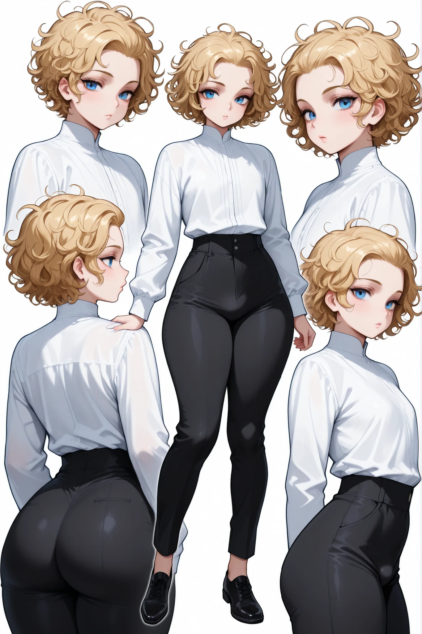 1boy, femboy, blonde Hair, curly hair, blue eyes, thick thighs, small waist, black pants, white shirt, messy hair, curly hair, short hair, hair pulled back, Glossy skin, long sleeves, multiple views, black shoes,