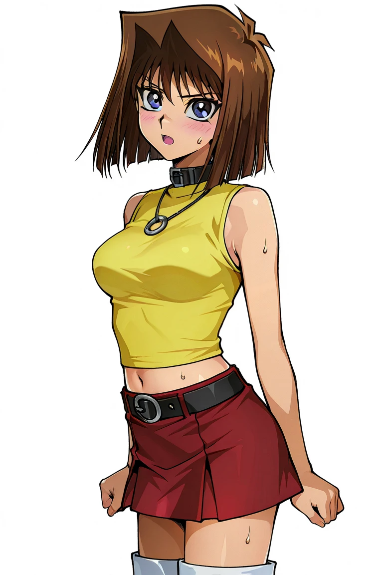 a woman in a short skirt and a white shirt is standing, anime style character, in the art style of 8 0 s anime, visual novel sprite, clean detailed anime style, anime moe artstyle, retro anime girl, flat anime style shading, anime art style, high quality anime artstyle, art of kirokaze pixel, anime artstyle