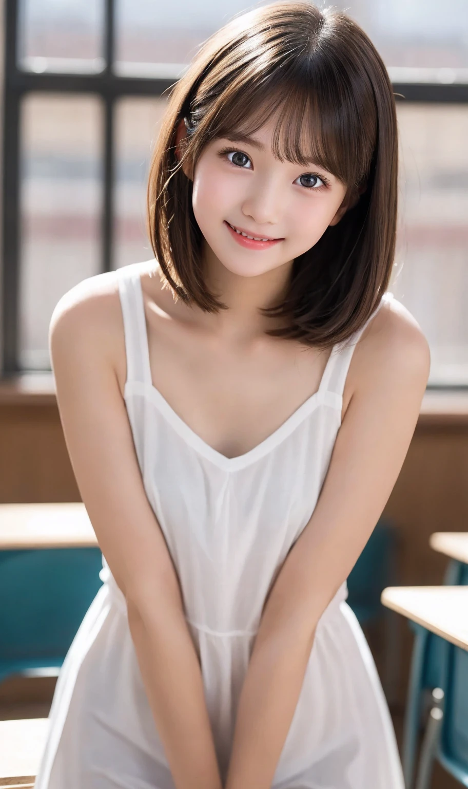One girl,summer,Inside the room,sofa,Sit down,Black Hair,Fluffy short hair,Navy Blue,Tank top,skirt,Chest line,Small swelling in the chest,smile,,Innocent,sense of cleanliness,Innocence,front,Look here,transparent, Soft Light,(masterpiece, Highest quality), Structure of the film, Like a movie