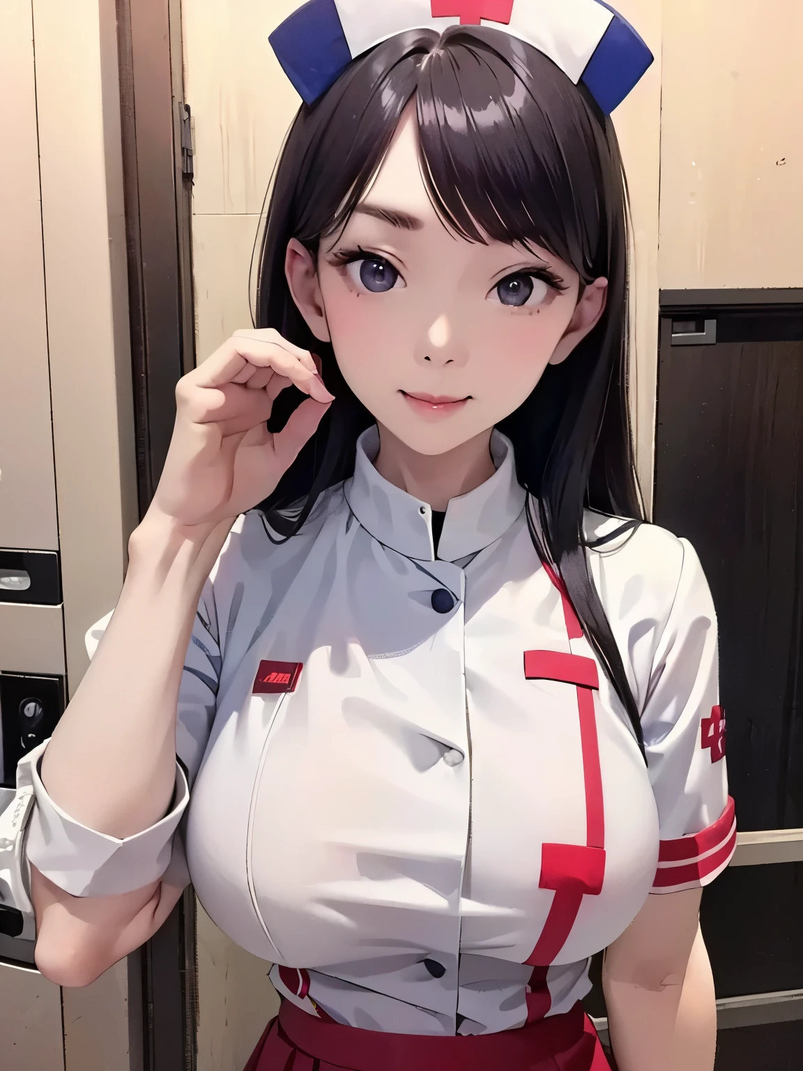 beautiful woman, masterpiece,Nikon, high resolution, best quality, ultra-realistic, realistic,Japanese,finger love position, (( white nurse uniform:1.3)), nurse hat in the hospital, ((Skin Indentation:1.3)),Hospital Ward, Smile, (perfect body), ((hand on breast:1.3)), beautiful woman with perfect figure, ((skirt to head shot)),(Shining pupils:1.2), ((watching the audience)),((Smooth face)), (slanted eyebrows),滋润的嘴唇, perfect face,((very pretty face)),