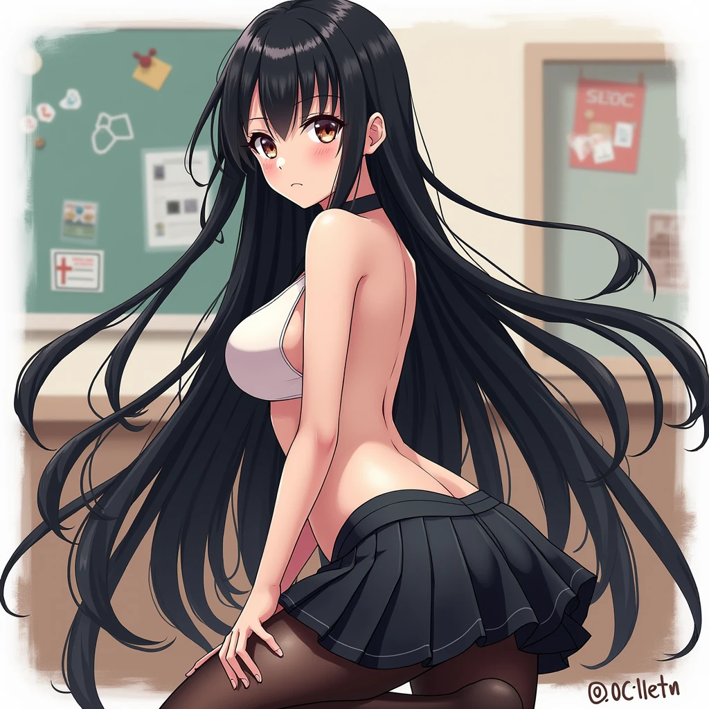 bangs, sidelocks, black hair, long hair, black hairband, perfect shiny hair, blue eyes, ultra-detailed eyes, iridescent shiny eyes,, , , large breasts, nipple, Walking, , School building ,, Naked, smile , (1girl) Blank look, Black shoes, Black socks, empty eyes, Blank look