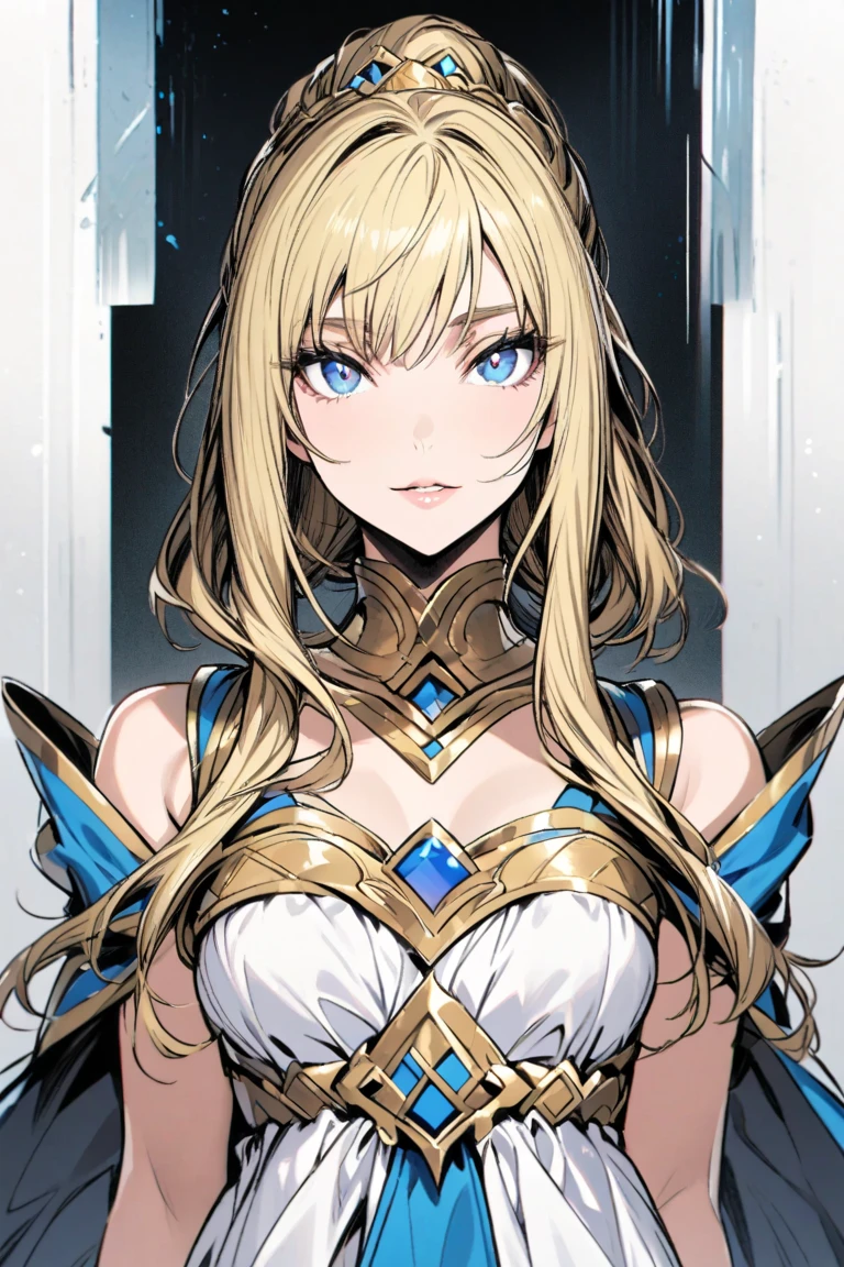 Anime Style,(Blonde Valkyrie、A woman with large breasts and bright blue eyes)