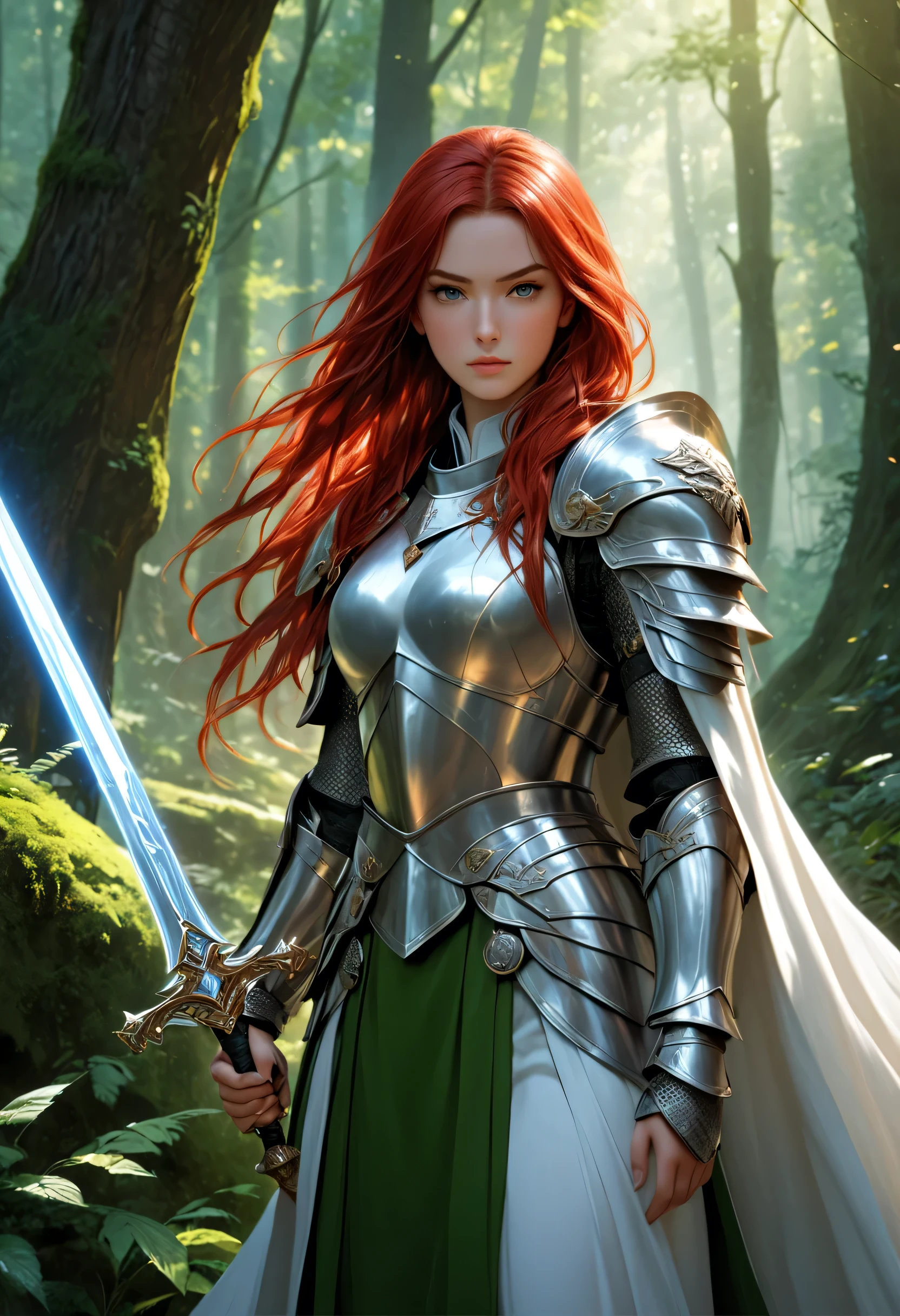 a picture of woman paladin of nature protecting the forest, a woman holy knight, protector of nature, red hair, long hair, full body (best details, Masterpiece, best quality :1.5), ultra detailed face (best details, Masterpiece, best quality :1.5), ultra feminine (best details, Masterpiece, best quality :1.5), red hair, long hair, braided hair, pale skin, blue eyes, intense eyes, wearying heavy armor, white armor (best details, Masterpiece, best quality :1.5), green cloak, armed with a sword, glowing sword, fantasy forest background, D&D art, RPG art, magical atmosphere magic-fantasy-forest, ultra best realistic, best details, best quality, 16k, [ultra detailed], masterpiece, best quality, (extremely detailed), ultra wide shot, photorealism, depth of field, hyper realistic painting