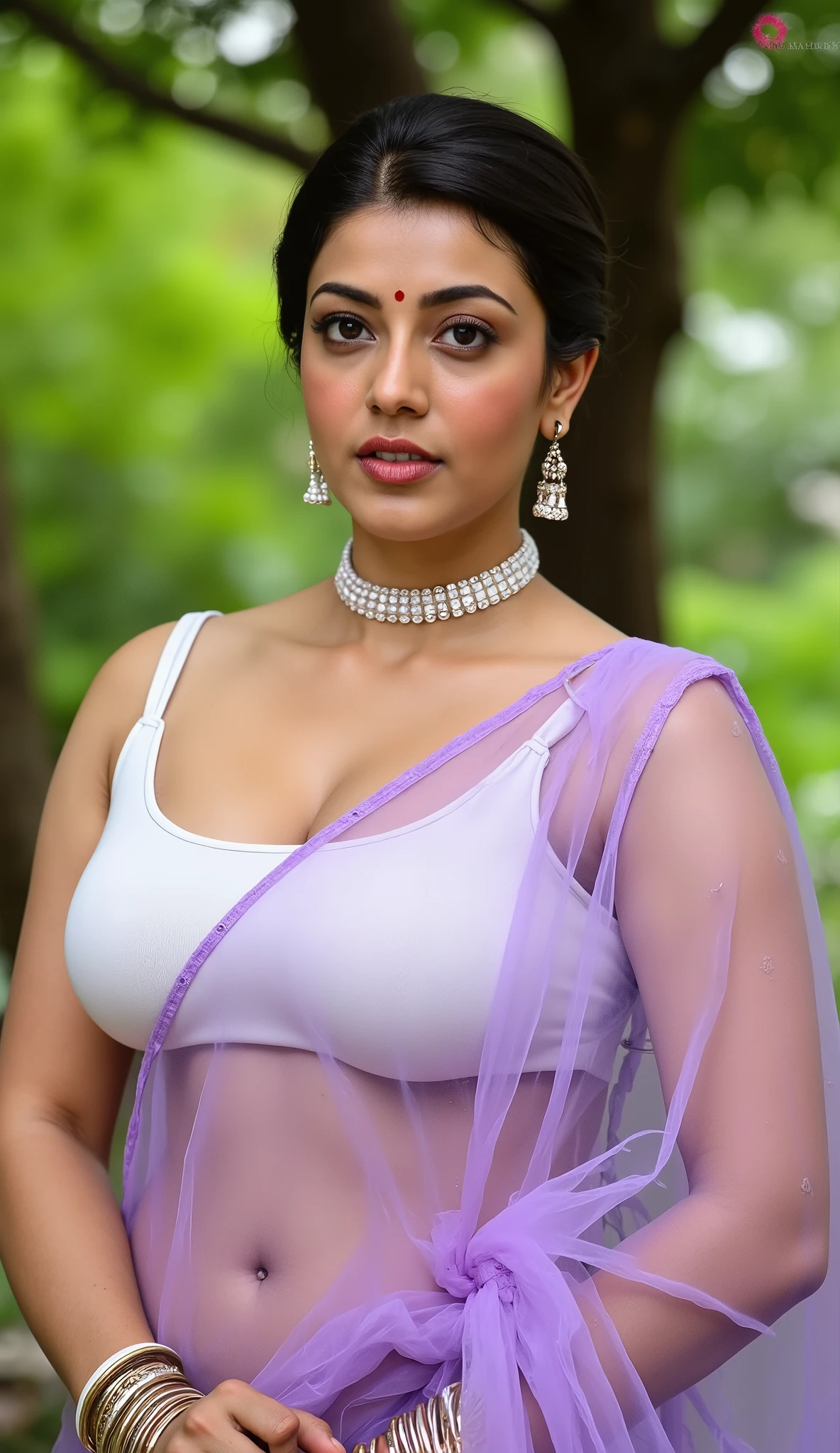 Indian beautiful woman sexy bhabhi, Sleeveless blouse,very deep cleavage,curvy plus size model wearing transparent Lavender color silk saree ,white knitted string mini sleeveless bra, plenty oxidised bangles in hand, oxidised choker in neck,bindi on fore head,facing to camera in standing in garden posing for camera under the tree,with her curvy legs,curvy plus size figure,big large m-cup breasts, deep cleavage, huge breasts, side bun hairstyle, bright eyes, thin eyebrows, fair skin, blushing cheeks, prefect ,head to thighs view, head to thigh view, bright sunlight, Background beautiful garden 