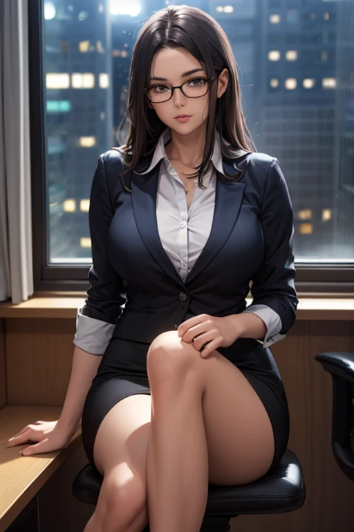 (digital art style) a women as therepist sitting in front of camera, cleavage, blouse, glasses, pretty face, straight hair