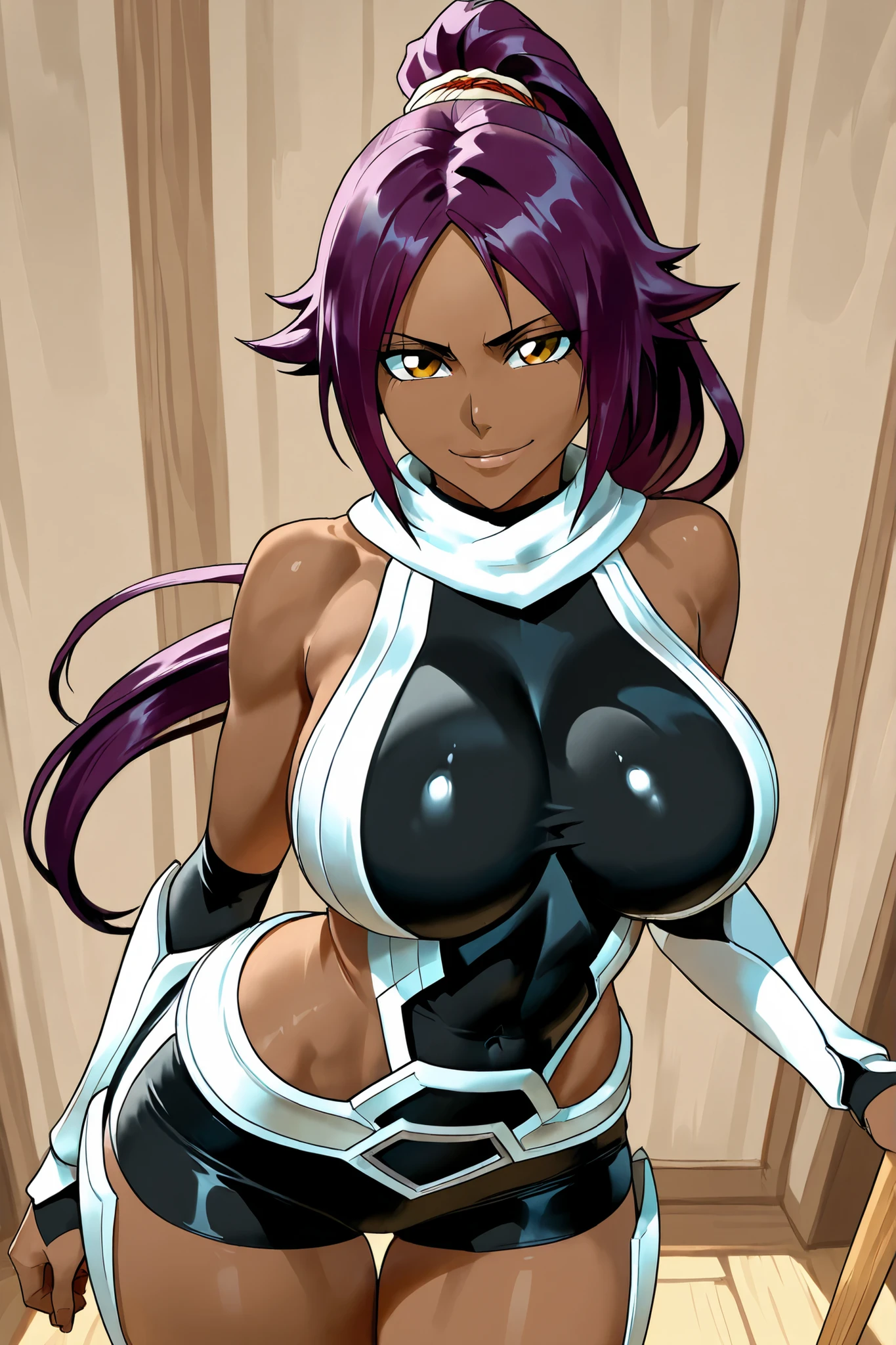 masterpiece, best quality, <lora:hkingrid-nvwls-v1-000009:0.9> hkingrid, dark skin, bare shoulders, white and black dress, underboob, center opening, purple elbow gloves, black panties, thigh boots, wariza, from above, clenched teeth, large breasts, looking at viewer, dungeon, stone floor, stone walls