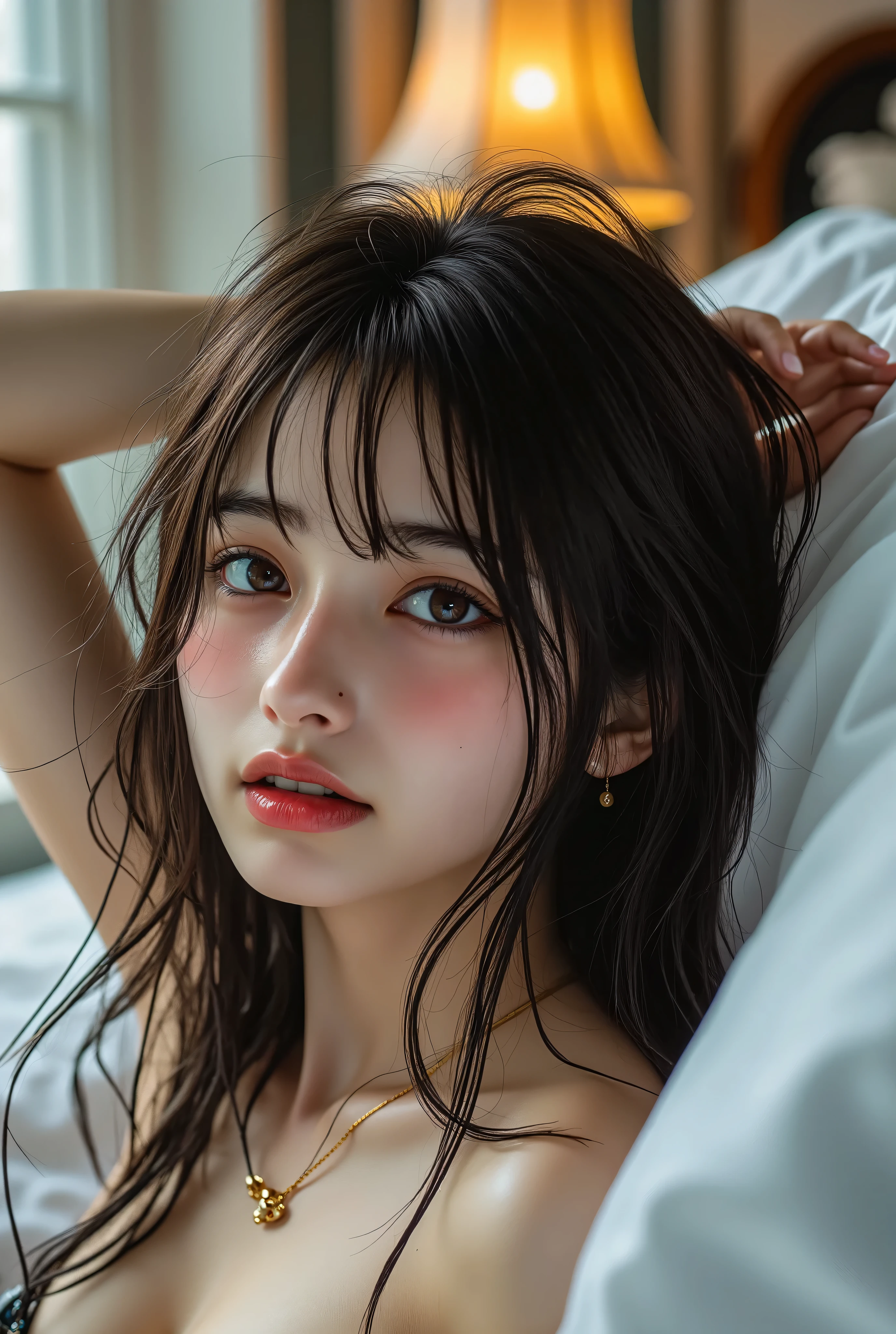 (Canon)、(EOS R5)、(85mm)、( No Lens Flare :1.5)、((解剖学的にaccurate人体構造))、((best quality:1.5))、((photorealistic:1.8)), ((masterpiece:1.5)), ((realistic)), (high resolution), (masterpiece), accurate, (realisticな質感の肌), Super Detail, High Detail, winning work,32K, depth of field, digital camera, Award-Winning Photos , (NSFW:1.5), Bright cinematic lighting,Bright professional lighting ,(solo), (Sometimes Wears a Black Suit), (((Half body shot above the knee:2.0))), ((full body shot with mahiru :1.5)), ((aerial shot)), ((A luxurious and stylish bedroom with pure white skin)), (One cute Japanese woman), (Lying on her back on a luxurious, classic bed:1.8))), ((showing my armpits, sleeping on my back, and looking at me:1.5)), ((Sleep on your back:1.8)), (recline:1.3), (Gorgeous white lace bra and panties:1.5), (with her arms crossed over her head), (have their arms crossed behind their heads), (Can See Realistic Female Genitals),(( show your hands as little as possible )), (long brown hair), Her hairstyle may be in a high position, ((brown eyes:1.5)), (( catchlight in the eyes )), ((Big Breasts:1.3)), ((Beautiful and cute, 20 year old Japanese college student )), ((Cute female college student)), 綺麗でfluffyの茶髪ロングヘアー, very sexy, charming beauty, Seductive and sexy pose, height 160cm, Slim Figure, (綺麗な形の大きな Bust), F cup, (beautiful, fluffy, long brown hair :1.5), (very sexyな可愛いsmile:1.5), beautiful金のリアルなイヤリング, beautiful金のリアルなネックレス , Detailed Facial Features, extremely detailed depiction in super resolution and HDR, (Extremely detailed and realistic skin :1.5), ((Extremely detailed realistic eyes:1.5)), ((極めてセクシーなbeautiful瞳 :1.5)), ((Highly detailed long beautiful eyelashes:1.5)), ((Extremely Detailed Beautiful Eyebrows :1.5)), (( Beautiful and Beautiful Japanese Secretary 28 Years Old Beautiful and Beautiful Japanese Secretary :1.5)), (( white teeth beautifully arranged )), very detailed,(((realistic写真:1.9))), Post-processed, ( Maximum Details :1.8), realisticな影, Roughness, Real Life, (超realistic), Midea, extremely detailed clothing , ((解剖学的にaccurate体:1.4)), ((The cuteness of Japan's top idols :1.5)), (BEST SKIN DETAILS ), (detailed eyes:1.9), (丸いbrown eyes :1.8), ( Beautiful and Detailed Face :1.6), (hourglass figure:1.6), (Wasp waist :1.5), (完璧に丸くてbeautiful形の Bust:1.8), ( clearly contoured cheekbones :1.5), (perfectly shaped body :1.8), (Healthy body :1.8), (Narrow shoulders:1.9), (staring at viewers), (mesmerizing gaze), (Natural looking hands ), (綺麗な長さのbeautifulピンク色のネイル), (smile:1.1), (( Bustの谷間が汗ばんでいる)), ( Bust, Waist, stomach,Realistic belly button visible :1.4), (綺麗でリアルな Bust), ((erectile nipples)), (Sometimes beautiful realistic nipples are visible), (Sometimes slightly large areolas are visible), (( standing on her knees and spreading her legs wide :1.5)), ((M-shaped leg opening:1.4)), (legs:1.2), (A gorgeous lace bra with pure white skin:1.5), (with her arms crossed over her head), (have their arms crossed behind their heads), (Can See Realistic Female Genitals), (A lot of pubic hair), creates a classic atmosphere , Attractive Poses, Seductive Poses, One knee forward , with one hand on the thigh , (汗ばんだ Bustの谷間)), (A luxurious and stylish bedroom in European style), (Beautiful realistic sweaty armpits), Warm light glows from the bedside lamp, ((The skin on both shoulders is visible )), (Tight abdomen and navel are visible), Her facial expression is sexy and attractive, Soft lighting creates a romantic and intimate atmosphere, accurate手の形,accurate手の指の形,accurate手の指の数,5 fingers on one hand , accurate脚の形,accurate足の指の形,accurate足の指の数, Five fingers on one foot, (Color temperature 5000K)