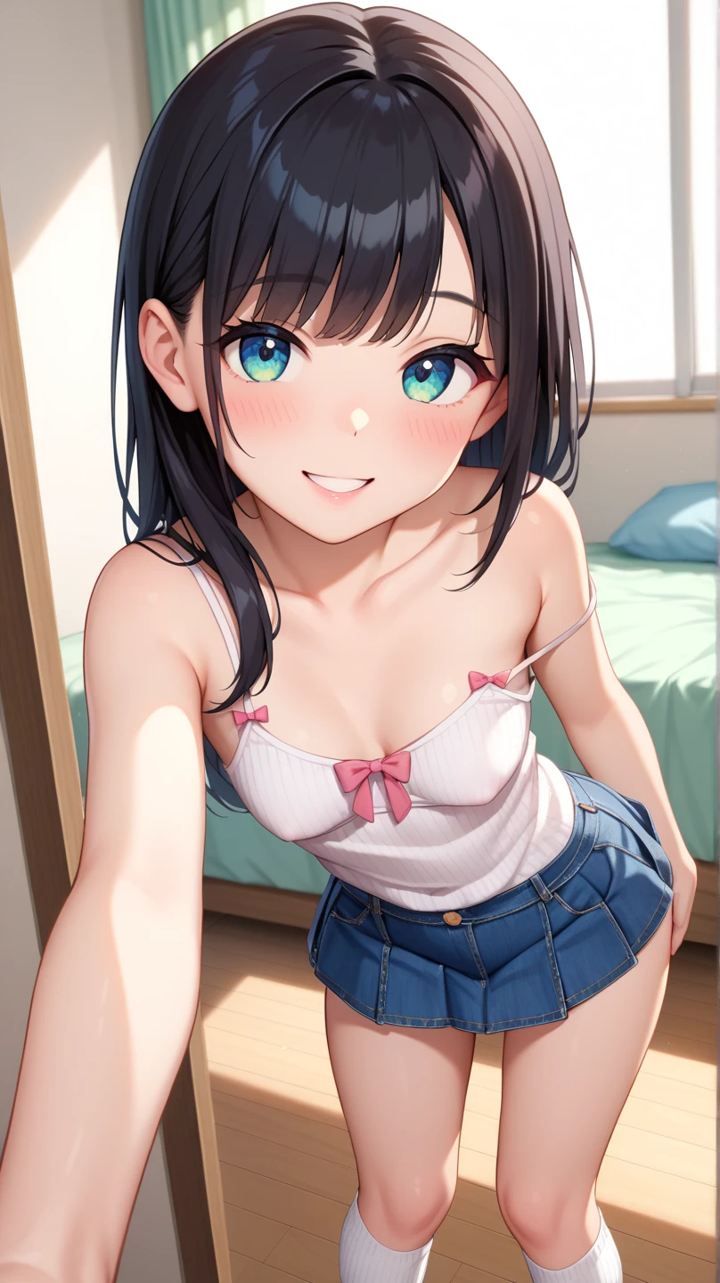 ,,(petite), 1girl, looking at viewer, , ,,,flat chest,(smile),,perfect lighting,perfect shadow,,my room,miniskirt,socks,camisole,off shoulder