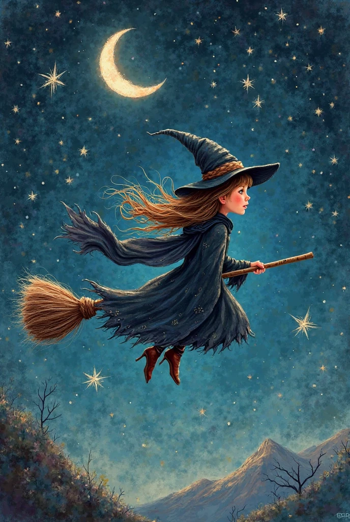  Picture book style, hand drawn texture, a witch is flying at night, starry sky,