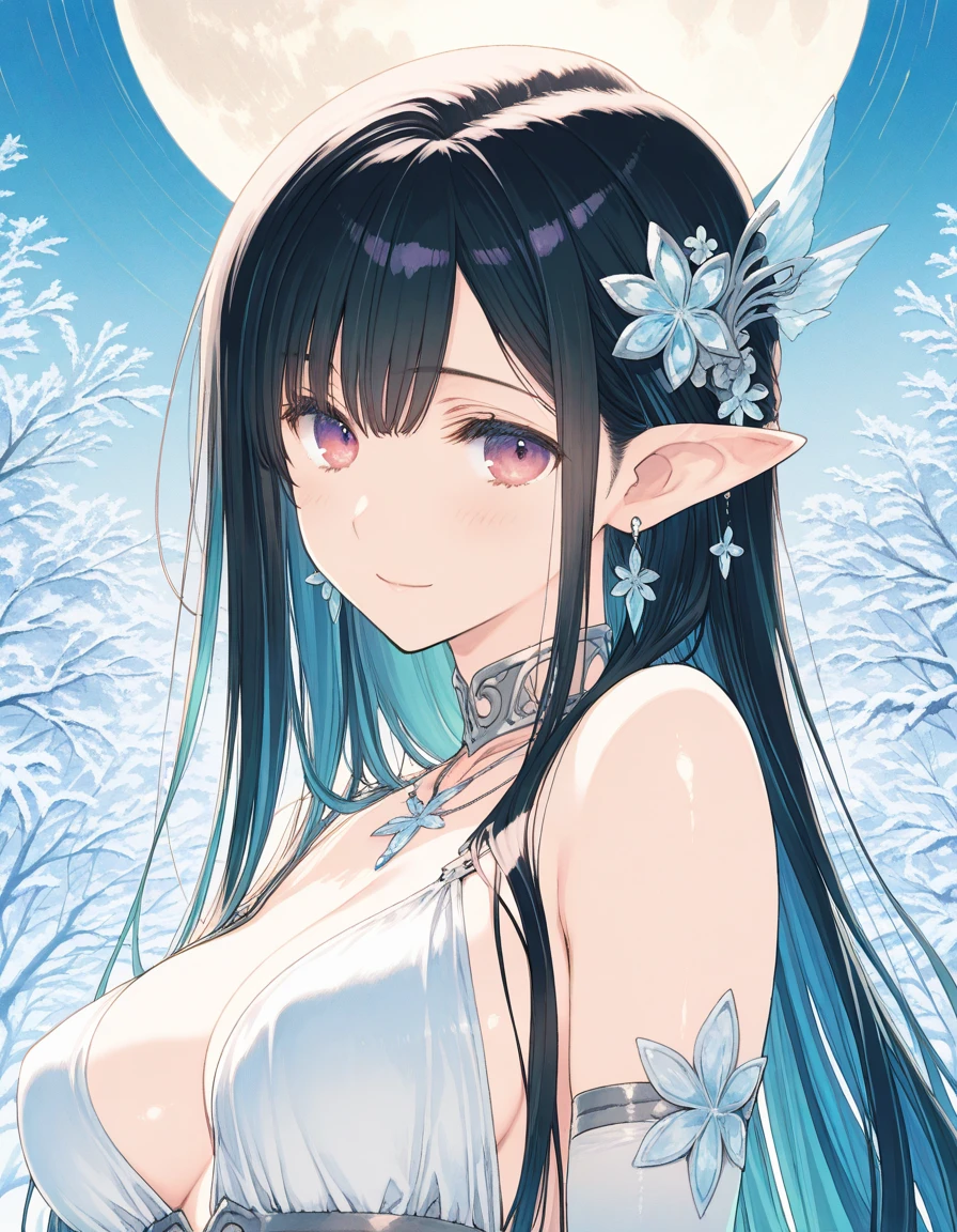 A ice elf (lovely woman, pale blue skin, deep blue hair and eyes, sheer reflective evening dress) acting alluring in a winter wonder land