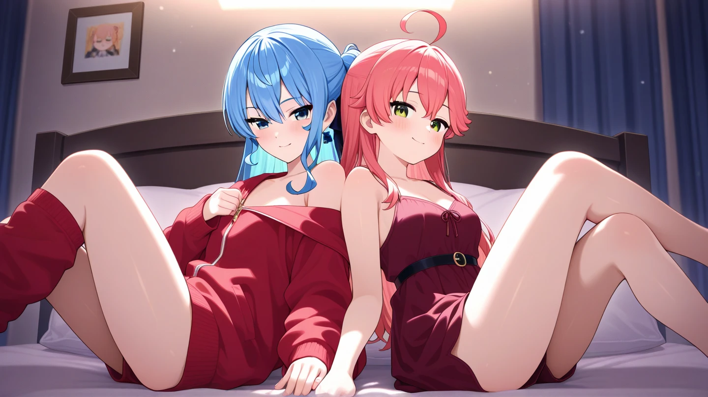 masterpiece, lots of detail, 4k, 8k, ((ultra-detailed)), highres, soft lighting, 2girls, living room, bathrobe, wet hair, blush, {green hair|red hair|multicolored hair|white hair}, {curvy|petite}