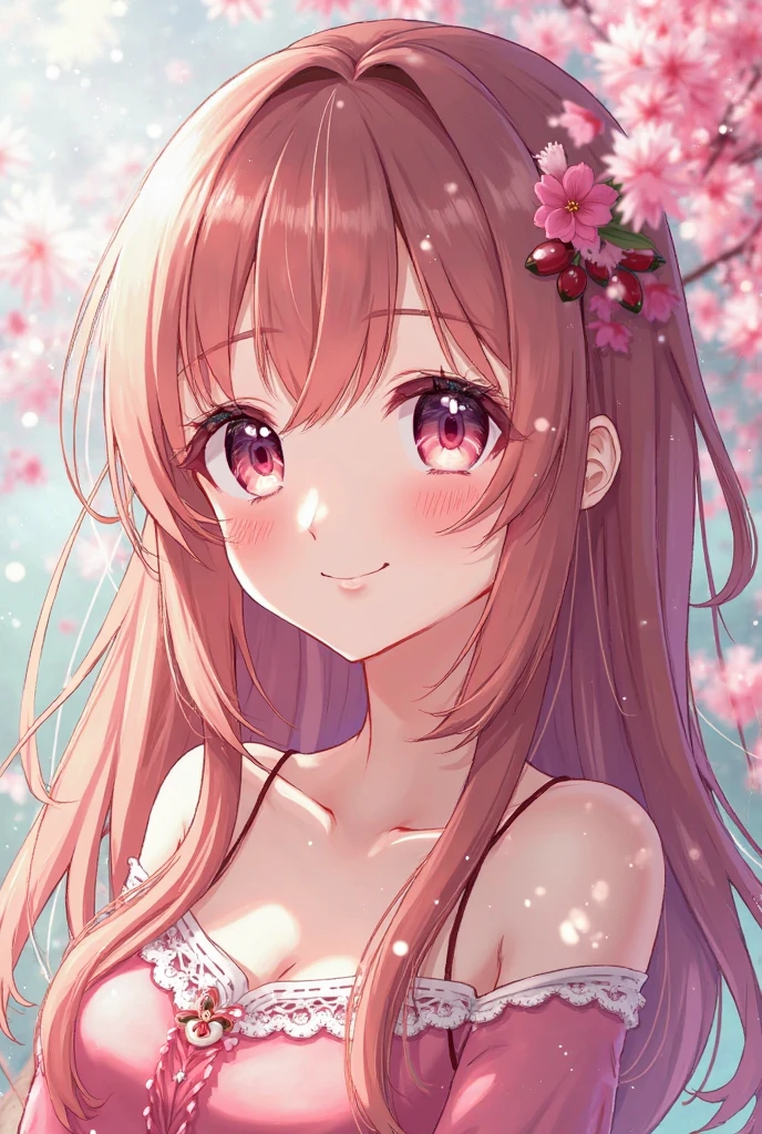 Pink brown hair,Long Hair,Pink Eyes,Drooping eyes,Large Breasts, smile, daughter,pink prom dresses,Anime Style,Moe character,cute,20-year-old,Clear,cherry blossoms