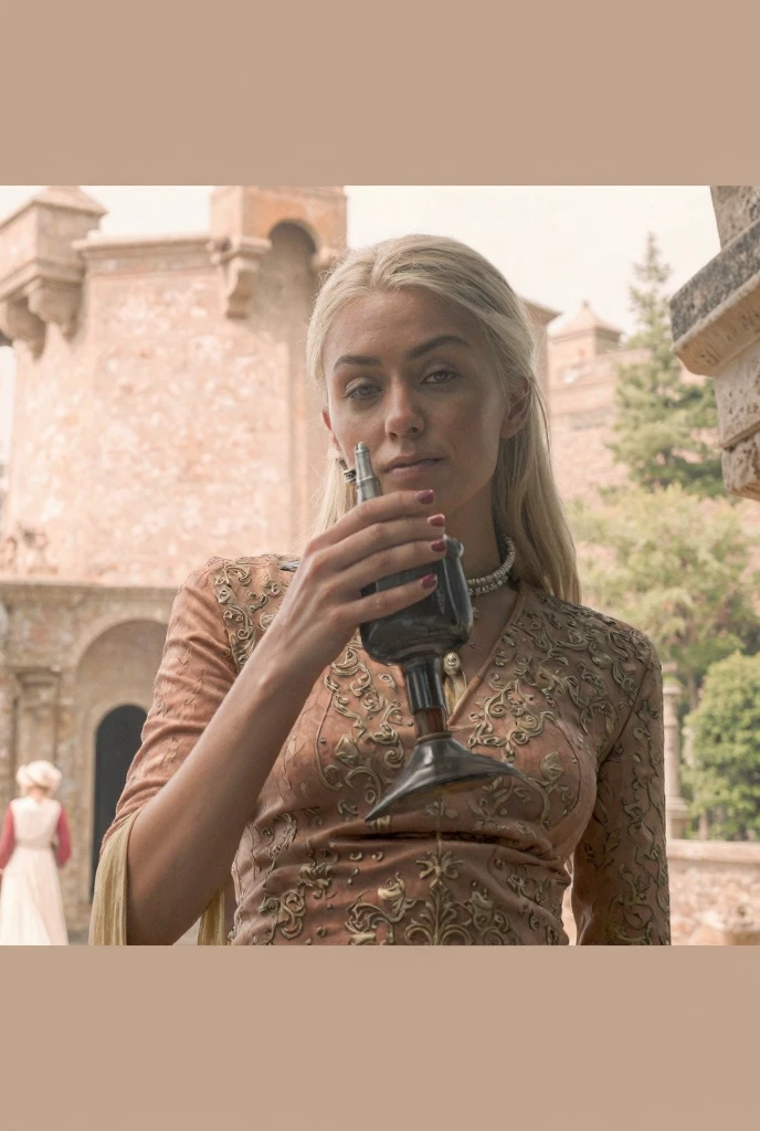lenaheadey,a woman with long blonde hair, queen, dress, drinking wine,( castle, greece:0.7), <lora:lenaheadey-000006:0.8>