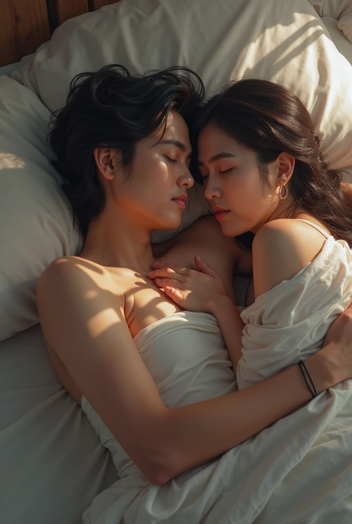 A korean guy was sleeping but a roomate turned him into a beautiful korean girl. After she woke up, she shocked at the mirror. He tried to control her mind and made her his girlfriend, he made he wore a top cross shirt. He kiased her and they have a moment in the room