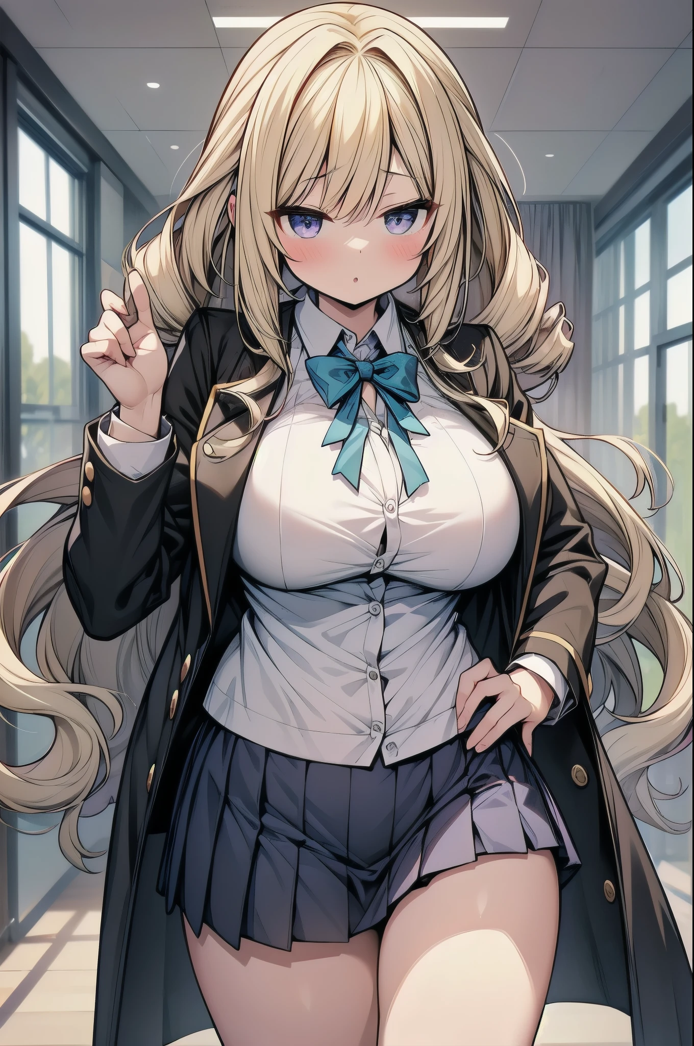 a girl student in a classroom leaning on a glass window, midday, silver eyes, wide smile, detailed intricate portrait, 8k resolution, wide viewing angles, huge firm bouncing bust, wearing a pink cardigan and white skirt, long brown curls, dynamic sweet pose, photorealistic, extremely detailed, ultra-fine painting, physically-based rendering, professional, vivid colors