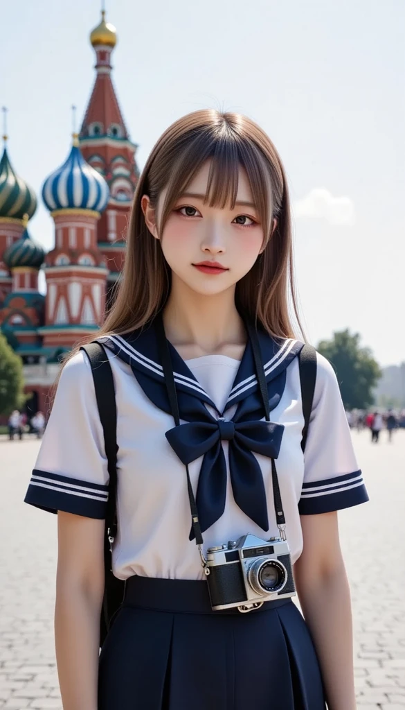 (masutepiece, Best Quality:1.2), 8K, Official art, Raw photo, unbelievable Ridiculous, (Upper body, Sailor Uniform, serafuku:1.4), Beautiful Girl, Pretty Face, arching back down, Navy pleated skirt, close up, School uniform, Short sleeve, gardenia, violaceaess, Teen, Street, Looking at Viewer, Film grain, chromatic abberation, Sharp Focus, face lights, Dynamic lighting, Cinematic lighting, Eyes and faces with detailed, Bokeh background, (1 dark red bow tie:1.2)