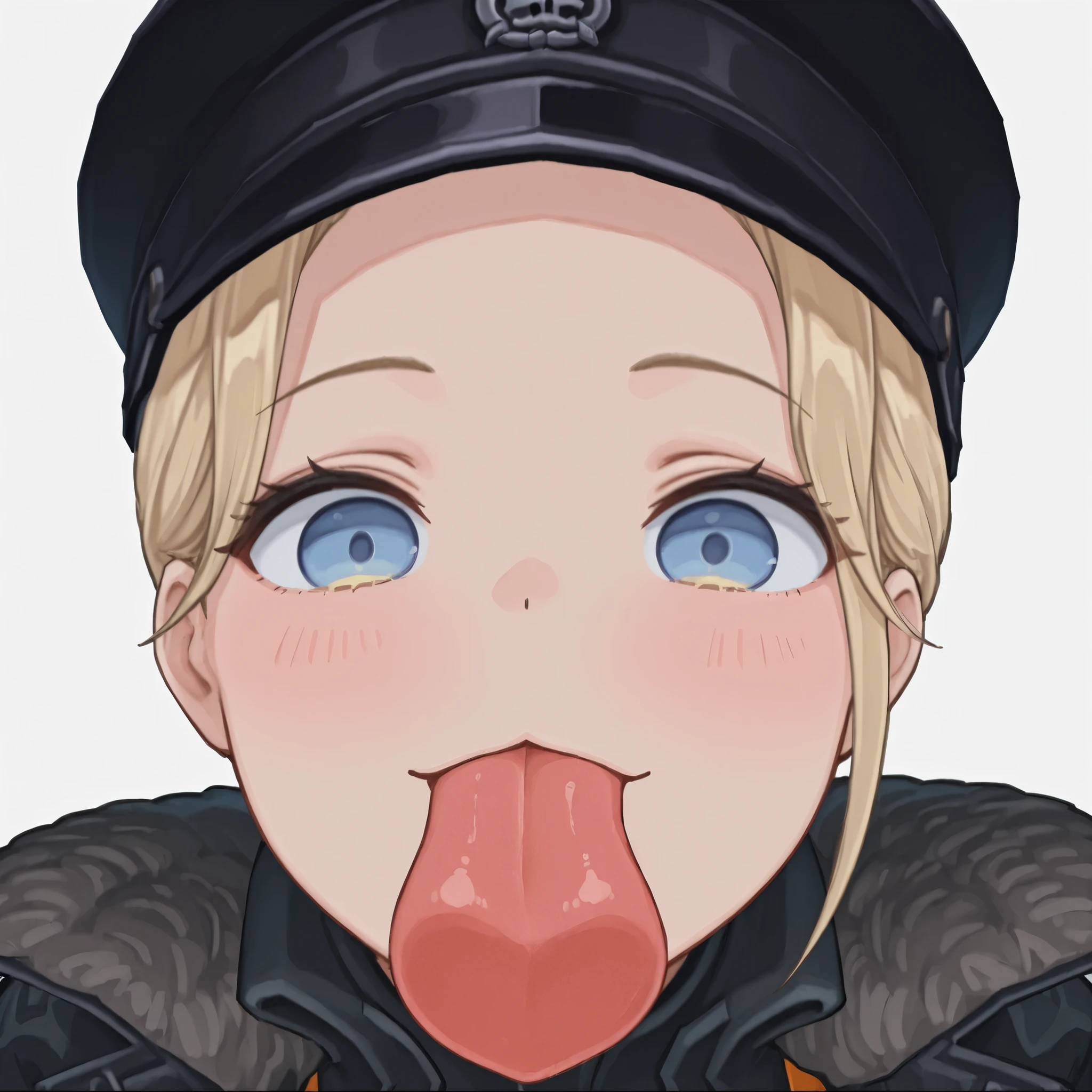 (masterpiece, high quality, amazing detail), highres, 1girl, ((testgirl)), black cap , light-blue eye, solo, blush_sticker, licking screen,(bare forehead), ((shaved temples)) 1girl, solo,blond, looking at viewer, simple background, white background, tongue, tongue out, chibi, :3,