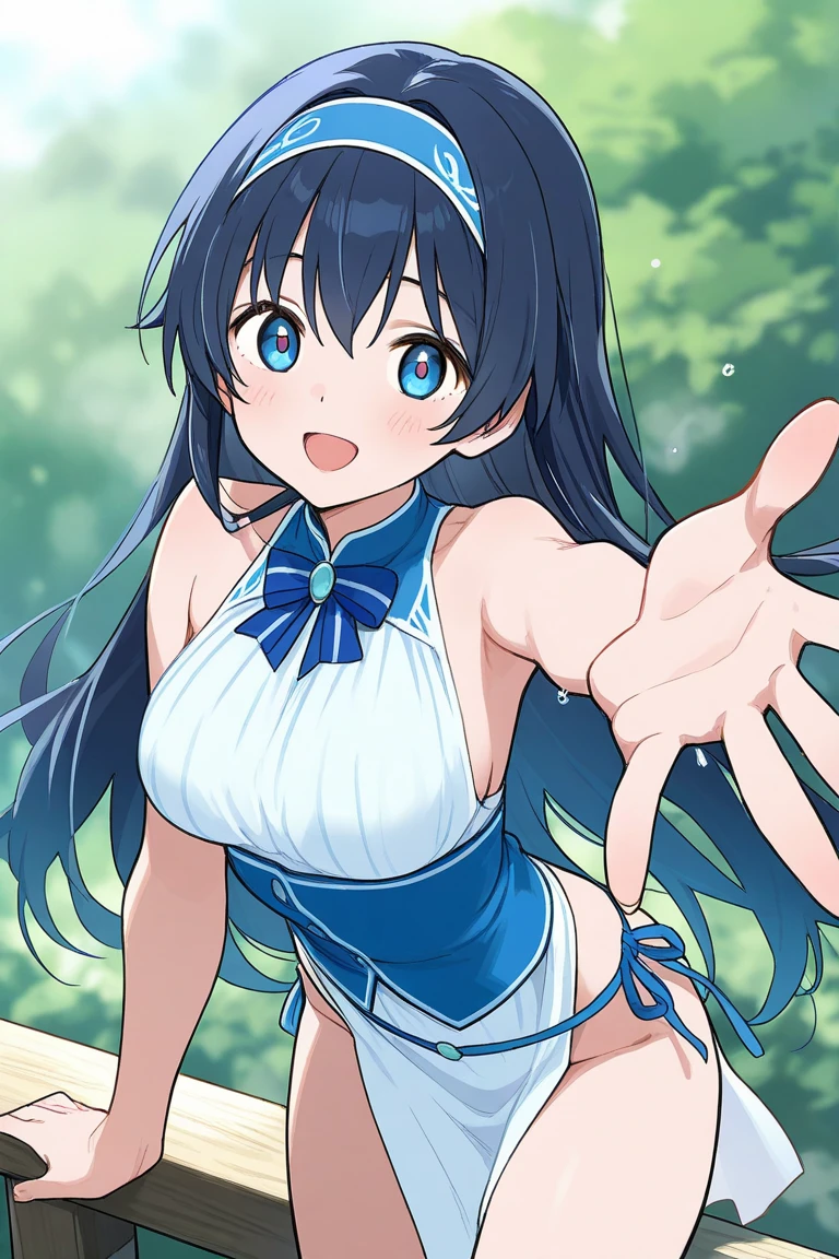 (masterpiece), (1girl), (massive), (purple black hair), (Twin tails), (Purple eyes), (smile), (coral reef:1.2), (underwater), (bubble), (thigh), (school swimwear), (reaching out), (looking at viewer), (from below)