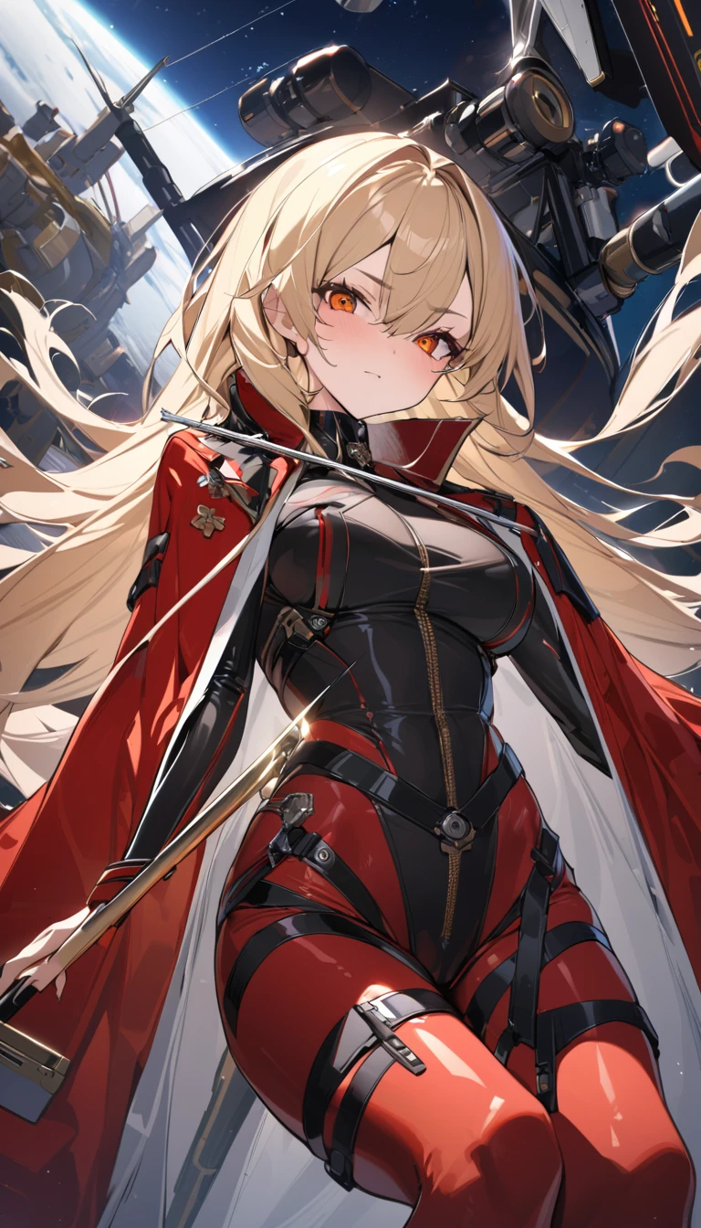 ridiculous resolution, high resolution, (masterpiece:1.4), super detailed, 1girl, seen from above, space, floating, , blonde, crown, full body, , uniform, white unifor, red cross Armband, armband, red cross --v 6