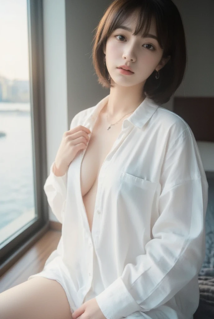 (8k, Photorealistic, Raw photo, Highest quality: 1.4),Japanese idol-style beautiful girl,18-year-old,Short Bob,Silver Hair,Big, clear grey eyes,Long eyelashes,Healthy, plump lips,He was wearing a white silk pajama jacket with all the buttons undone and the collar hanging down to his shoulders, exposed to his bare skin.,No bra,Both shoulders are visible and the chest is open wide.,Wearing black lace panties.Waking up,Stand on your knees on the bed,Holding the breast between the upper arms,Leaning forward with hands on the bed,Panties are visible,Looking at the camera
