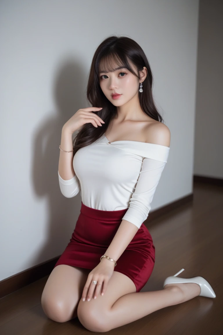 A perfect young female white-collar worker,Chinese big breasts,High picture quality,Works of masters,Black hair,Long hair shawl,Long hair flowing over the shoulders,cropped shoulders,鎖骨,exquisite face,Hydrated red lips,Pink shirt,Blue tight skirt(show legs),Real Persono,Flower sea background,CG rendering,16k,Sit Pose,gazebo