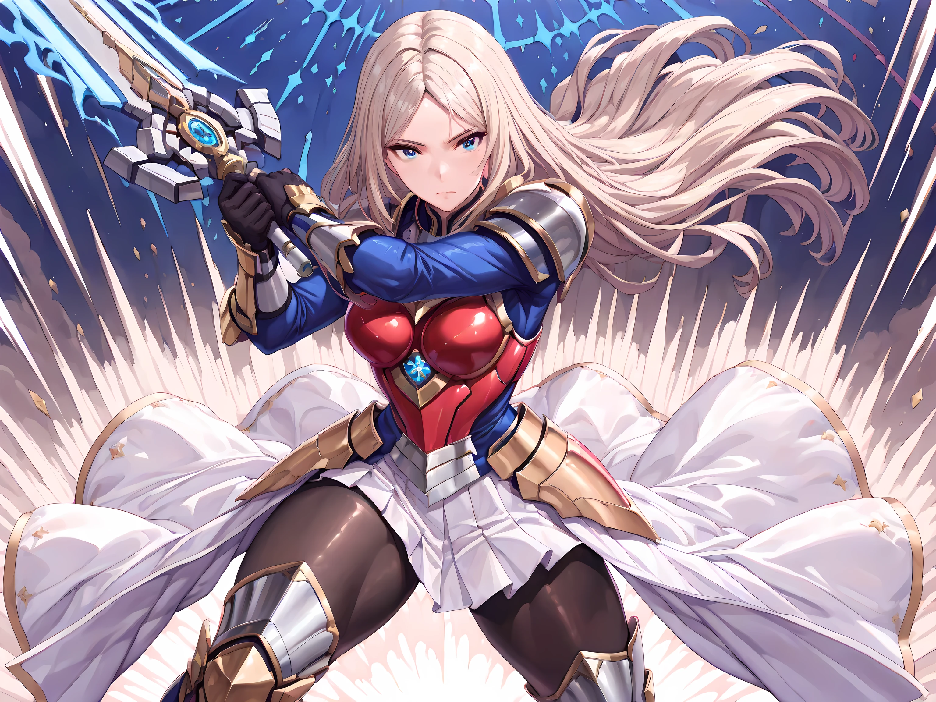 a woman who slashes enemies with her huge sword from the front with all her might, (adult cool woman:1.1), platinum blonde hair, shiny hair, long hair, side-parted bangs, straight hair, sleek and smooth, blue eyes, medium breasts, narrow, armored dress, red breastplate engraved with intricate patterns, (Breastplate is red with silver accents1.3), shoulder armor, (shoulder armor is silver), leg armor, (leg armor is red with silver accents1.3), white drape skirt, black pantyhose, , holding a glowing energy blade extending from a hilt, Holding a weapon, light blade huge sword with wide blade \(Weapon\), Holding a light blade huge sword with wide blade \(Weapon\), (((two handed))), golden spiritual light effect, powerful stance, serious expression, energy particles, dramatic lighting, dynamic fantasy sci-fi fusion, ArmoredDress,